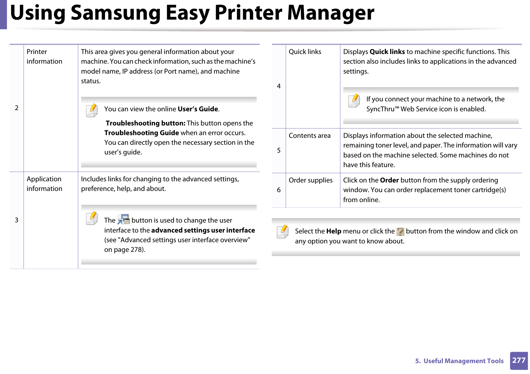 Using Samsung Easy Printer Manager2775.  Useful Management Tools Select the Help menu or click the   button from the window and click on any option you want to know about.  2Printer informationThis area gives you general information about your machine. You can check information, such as the machine’s model name, IP address (or Port name), and machine status. You can view the online User’s Guide. Troubleshooting button: This button opens the Troubleshooting Guide when an error occurs. You can directly open the necessary section in the user’s guide.  3Application informationIncludes links for changing to the advanced settings, preference, help, and about. The   button is used to change the user interface to the advanced settings user interface (see &quot;Advanced settings user interface overview&quot; on page 278). 4Quick links Displays Quick links to machine specific functions. This section also includes links to applications in the advanced settings. If you connect your machine to a network, the SyncThru™ Web Service icon is enabled. 5Contents area Displays information about the selected machine, remaining toner level, and paper. The information will vary based on the machine selected. Some machines do not have this feature.6Order supplies Click on the Order button from the supply ordering window. You can order replacement toner cartridge(s) from online.