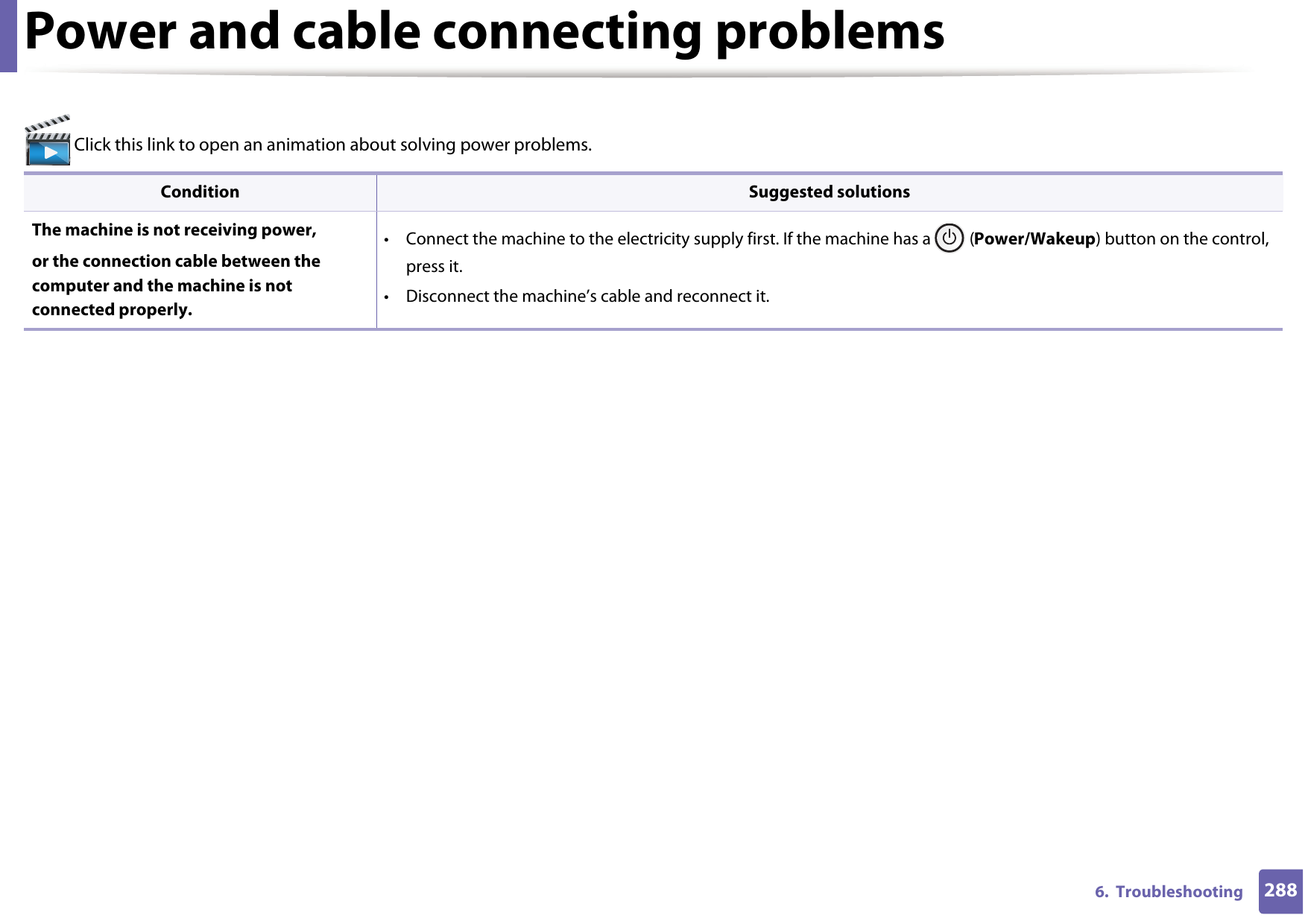 2886.  TroubleshootingPower and cable connecting problems Click this link to open an animation about solving power problems.Condition Suggested solutionsThe machine is not receiving power, or the connection cable between the computer and the machine is not connected properly.• Connect the machine to the electricity supply first. If the machine has a   (Power/Wakeup) button on the control, press it. • Disconnect the machine’s cable and reconnect it.