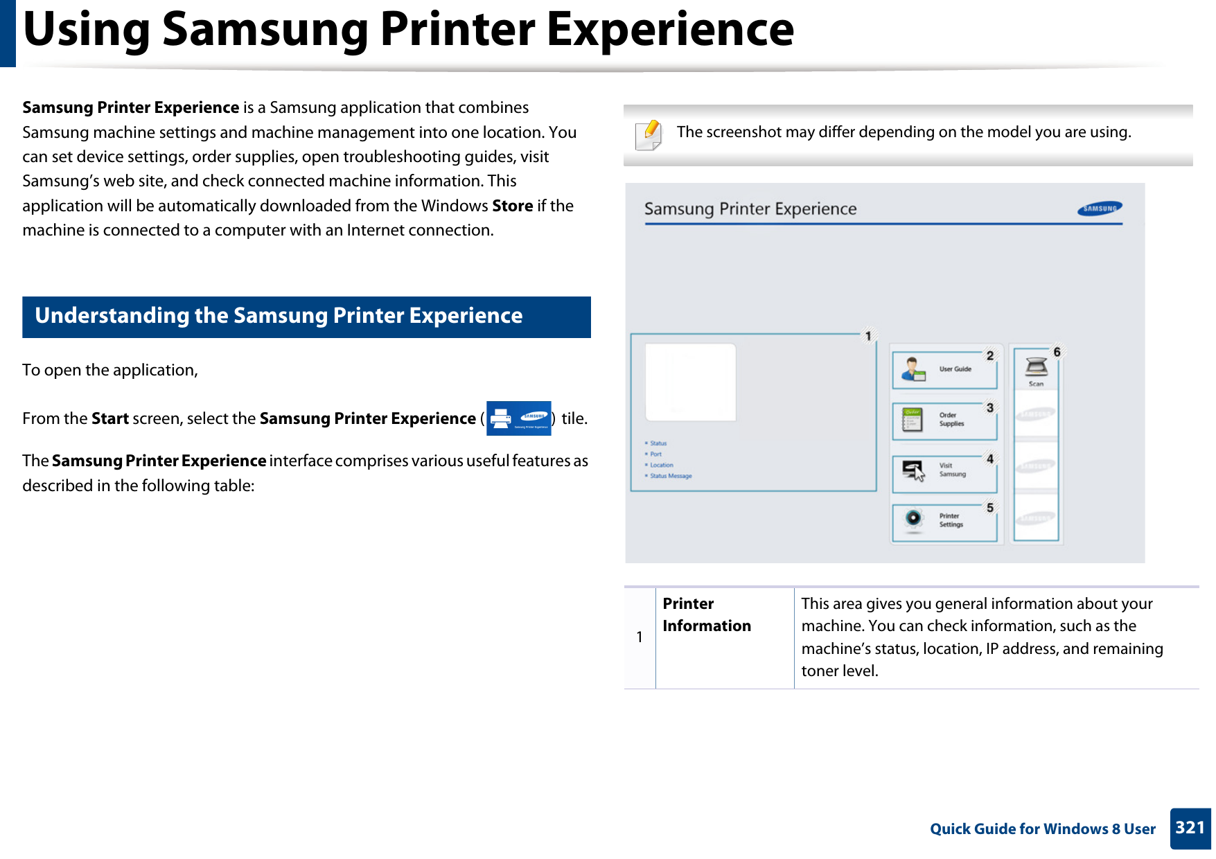 321 Quick Guide for Windows 8 UserUsing Samsung Printer Experience Samsung Printer Experience is a Samsung application that combines Samsung machine settings and machine management into one location. You can set device settings, order supplies, open troubleshooting guides, visit Samsung’s web site, and check connected machine information. This application will be automatically downloaded from the Windows Store if the machine is connected to a computer with an Internet connection. 9 Understanding the Samsung Printer ExperienceTo open the application, From the Start screen, select the Samsung Printer Experience () tile. The Samsung Printer Experience interface comprises various useful features as described in the following table: The screenshot may differ depending on the model you are using. 1Printer InformationThis area gives you general information about your machine. You can check information, such as the machine’s status, location, IP address, and remaining toner level.