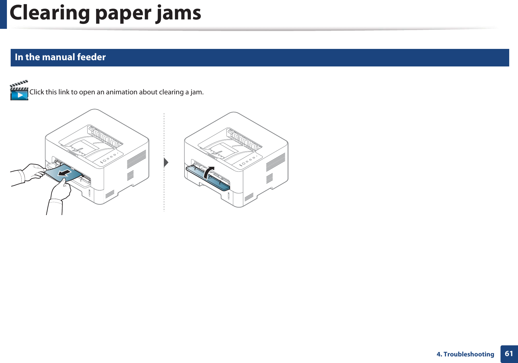 Clearing paper jams614. Troubleshooting2 In the manual feeder Click this link to open an animation about clearing a jam.