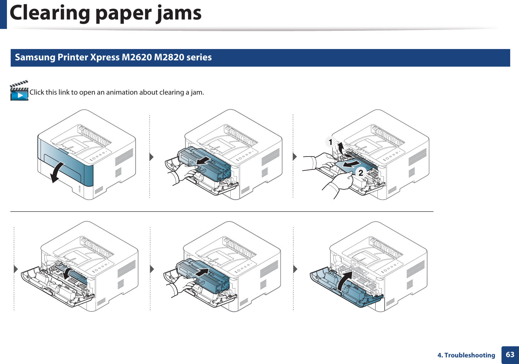 Clearing paper jams634. Troubleshooting4 Samsung Printer Xpress M2620 M2820 series Click this link to open an animation about clearing a jam.122