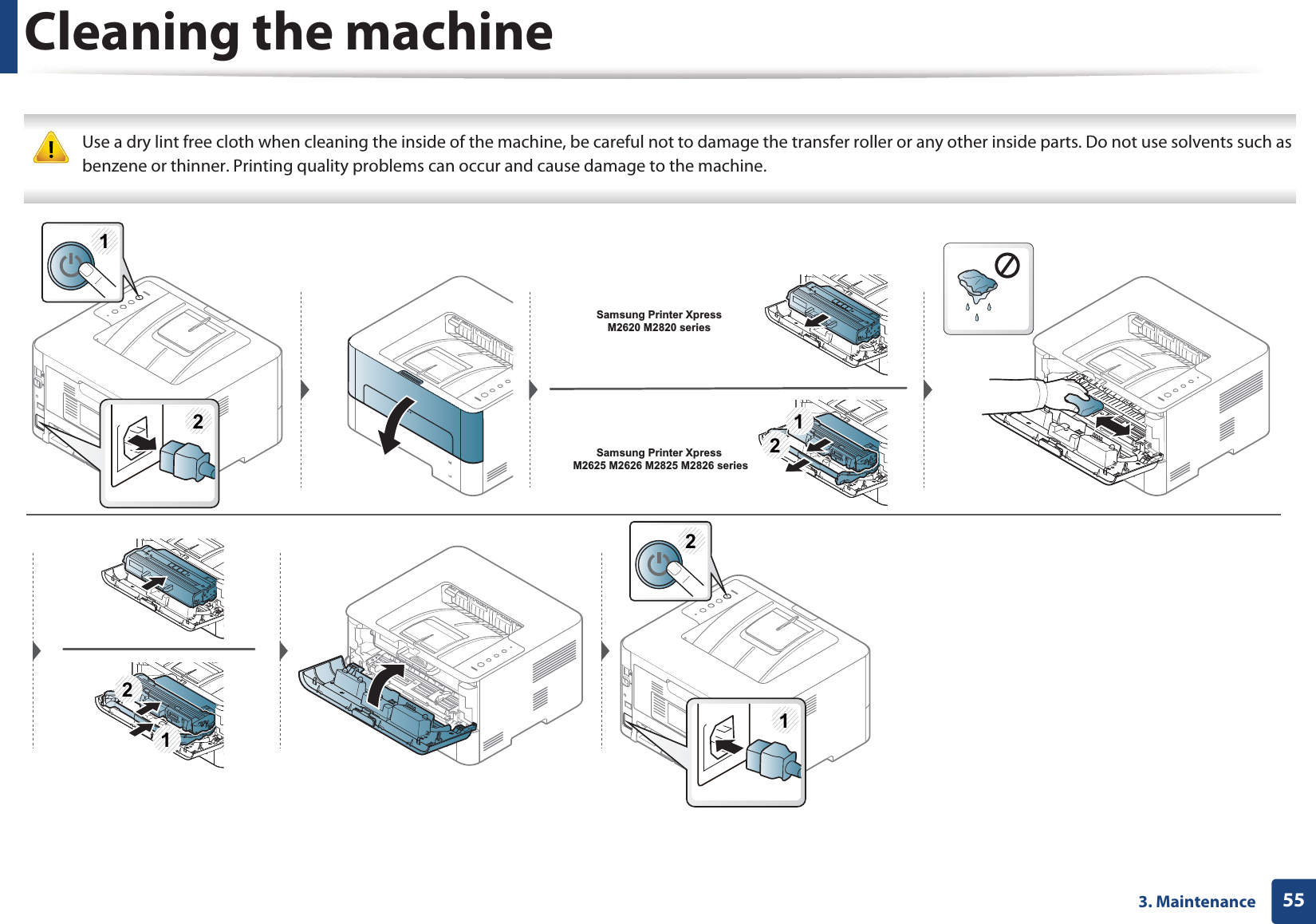 Cleaning the machine553. Maintenance Use a dry lint free cloth when cleaning the inside of the machine, be careful not to damage the transfer roller or any other inside parts. Do not use solvents such as benzene or thinner. Printing quality problems can occur and cause damage to the machine. 1221Samsung Printer Xpress M2620 M2820 series Samsung Printer Xpress M2625 M2626 M2825 M2826 series1221