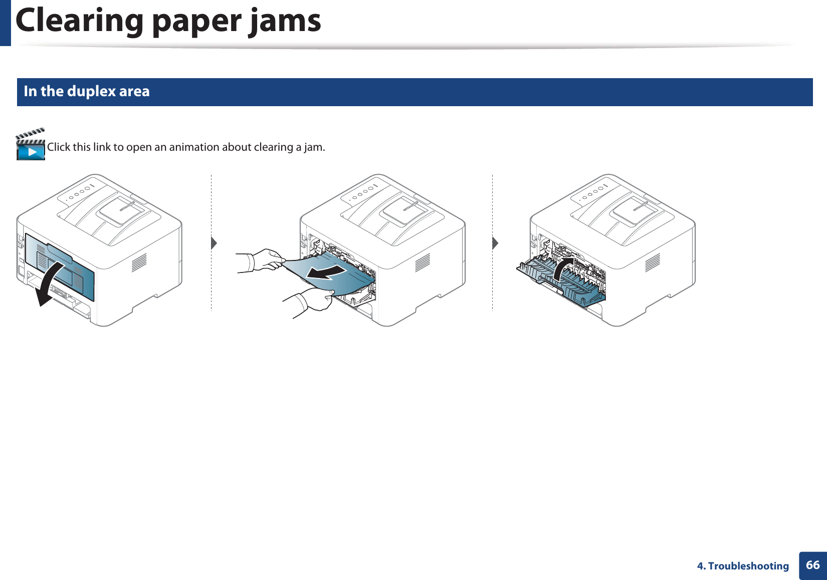 Clearing paper jams664. Troubleshooting7 In the duplex area Click this link to open an animation about clearing a jam.