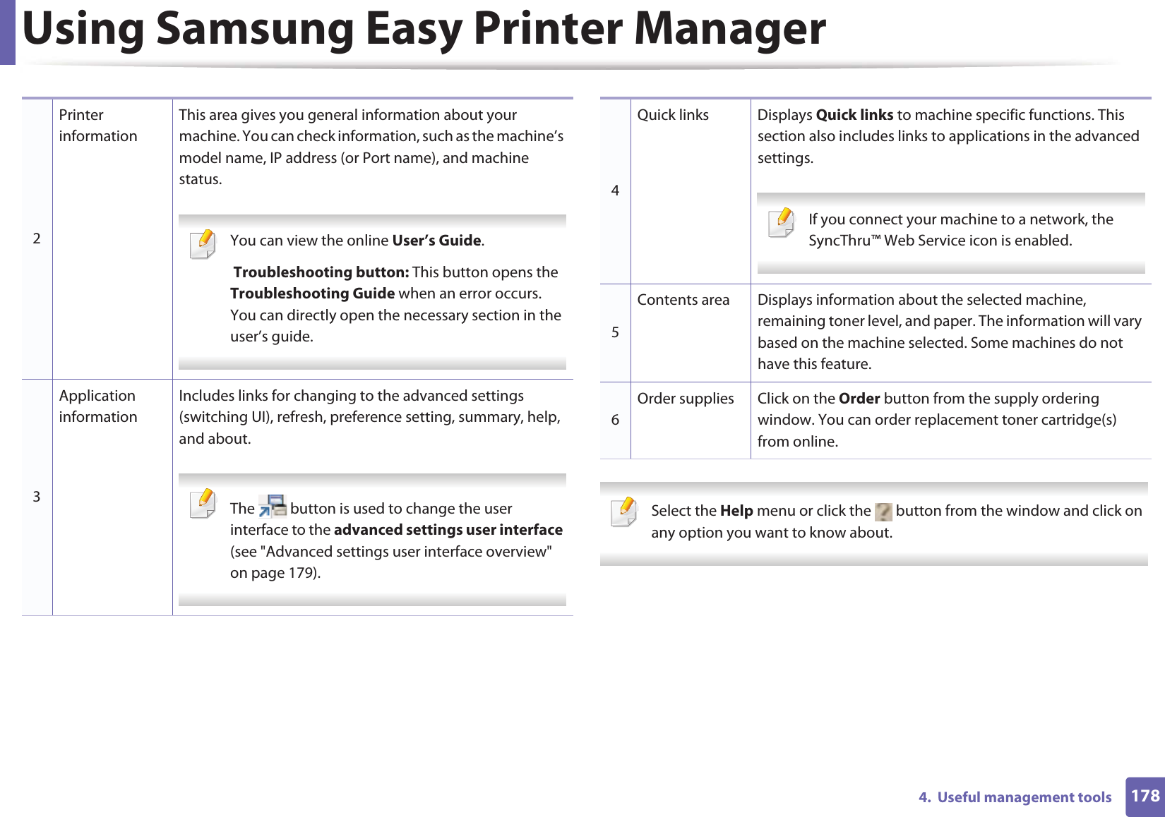 Using Samsung Easy Printer Manager1784.  Useful management tools Select the Help menu or click the   button from the window and click on any option you want to know about.  2Printer informationThis area gives you general information about your machine. You can check information, such as the machine’s model name, IP address (or Port name), and machine status. You can view the online User’s Guide. Troubleshooting button: This button opens the Troubleshooting Guide when an error occurs. You can directly open the necessary section in the user’s guide.  3Application informationIncludes links for changing to the advanced settings (switching UI), refresh, preference setting, summary, help, and about. The   button is used to change the user interface to the advanced settings user interface (see &quot;Advanced settings user interface overview&quot; on page 179). 4Quick links Displays Quick links to machine specific functions. This section also includes links to applications in the advanced settings. If you connect your machine to a network, the SyncThru™ Web Service icon is enabled. 5Contents area Displays information about the selected machine, remaining toner level, and paper. The information will vary based on the machine selected. Some machines do not have this feature.6Order supplies Click on the Order button from the supply ordering window. You can order replacement toner cartridge(s) from online.