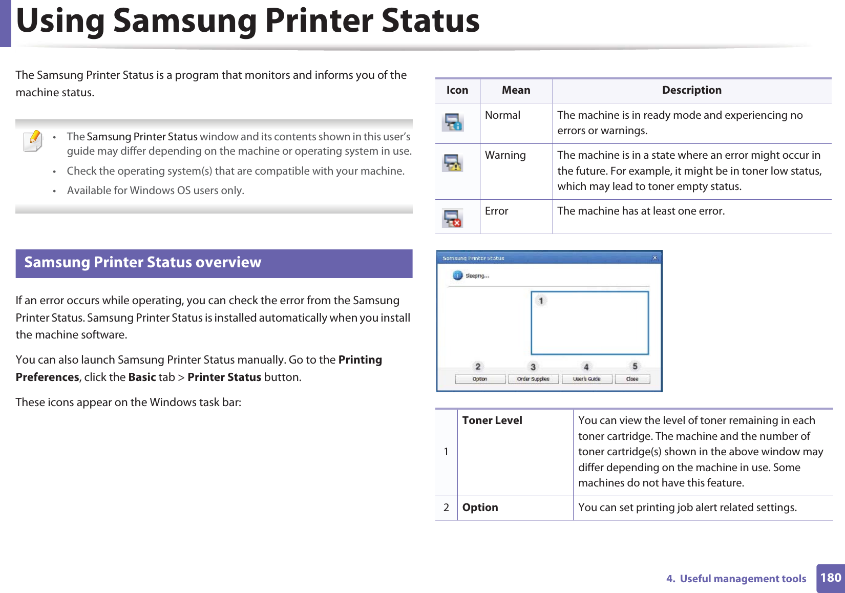 1804.  Useful management toolsUsing Samsung Printer Status The Samsung Printer Status is a program that monitors and informs you of the machine status.  • The Samsung Printer Status window and its contents shown in this user’s guide may differ depending on the machine or operating system in use.• Check the operating system(s) that are compatible with your machine.• Available for Windows OS users only. 6 Samsung Printer Status overviewIf an error occurs while operating, you can check the error from the Samsung Printer Status. Samsung Printer Status is installed automatically when you install the machine software. You can also launch Samsung Printer Status manually. Go to the Printing Preferences, click the Basic tab &gt; Printer Status button.These icons appear on the Windows task bar:Icon Mean DescriptionNormal The machine is in ready mode and experiencing no errors or warnings.Warning The machine is in a state where an error might occur in the future. For example, it might be in toner low status, which may lead to toner empty status. Error The machine has at least one error.1Toner Level You can view the level of toner remaining in each toner cartridge. The machine and the number of toner cartridge(s) shown in the above window may differ depending on the machine in use. Some machines do not have this feature.2Option You can set printing job alert related settings. 