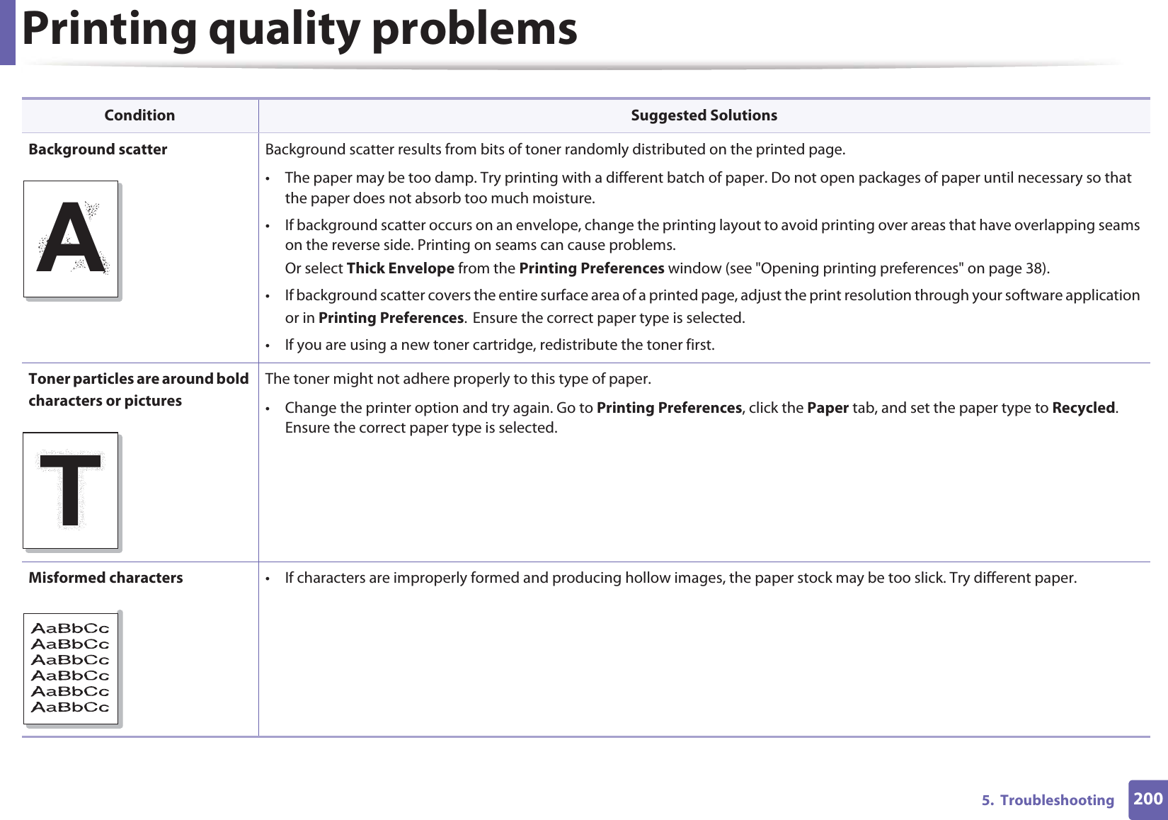 Printing quality problems2005.  TroubleshootingBackground scatter Background scatter results from bits of toner randomly distributed on the printed page. • The paper may be too damp. Try printing with a different batch of paper. Do not open packages of paper until necessary so that the paper does not absorb too much moisture.• If background scatter occurs on an envelope, change the printing layout to avoid printing over areas that have overlapping seams on the reverse side. Printing on seams can cause problems.Or select Thick Envelope from the Printing Preferences window (see &quot;Opening printing preferences&quot; on page 38).• If background scatter covers the entire surface area of a printed page, adjust the print resolution through your software application or in Printing Preferences.GEnsure the correct paper type is selected.• If you are using a new toner cartridge, redistribute the toner first. Toner particles are around bold characters or picturesThe toner might not adhere properly to this type of paper.• Change the printer option and try again. Go to Printing Preferences, click the Paper tab, and set the paper type to Recycled. Ensure the correct paper type is selected.Misformed characters • If characters are improperly formed and producing hollow images, the paper stock may be too slick. Try different paper.Condition Suggested SolutionsA