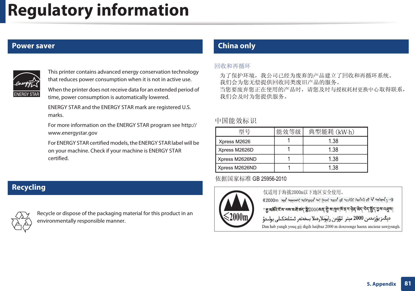 Regulatory information815. Appendix7 Power saver8 Recycling9 China onlyThis printer contains advanced energy conservation technology that reduces power consumption when it is not in active use.When the printer does not receive data for an extended period of time, power consumption is automatically lowered. ENERGY STAR and the ENERGY STAR mark are registered U.S. marks. For more information on the ENERGY STAR program see http://www.energystar.govFor ENERGY STAR certified models, the ENERGY STAR label will be on your machine. Check if your machine is ENERGY STAR certified.Recycle or dispose of the packaging material for this product in an environmentally responsible manner.Xpress M2626Xpress M2626DXpress M2626NDXpress M2626ND