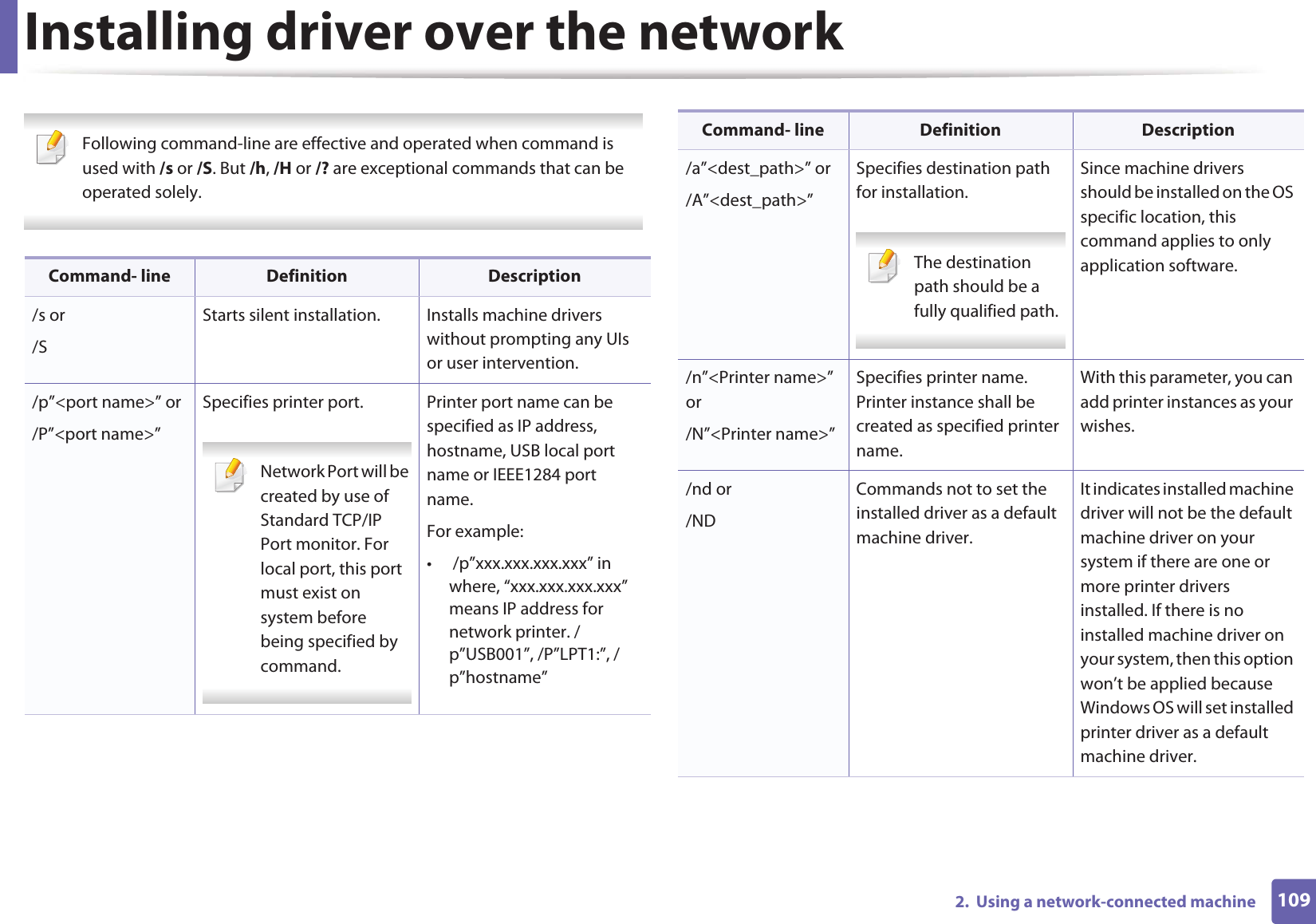 Installing driver over the network1092.  Using a network-connected machine Following command-line are effective and operated when command is used with /s or /S. But /h, /H or /? are exceptional commands that can be operated solely. Command- line Definition Description/s or/SStarts silent installation.  Installs machine drivers without prompting any UIs or user intervention./p”&lt;port name&gt;” or/P”&lt;port name&gt;”Specifies printer port. Network Port will be created by use of Standard TCP/IP Port monitor. For local port, this port must exist on system before being specified by command. Printer port name can be specified as IP address, hostname, USB local port name or IEEE1284 port name.For example:•  /p”xxx.xxx.xxx.xxx” in where, “xxx.xxx.xxx.xxx” means IP address for network printer. /p”USB001”, /P”LPT1:”, /p”hostname”/a”&lt;dest_path&gt;” or/A”&lt;dest_path&gt;”Specifies destination path for installation. The destination path should be a fully qualified path. Since machine drivers should be installed on the OS specific location, this command applies to only application software./n”&lt;Printer name&gt;” or/N”&lt;Printer name&gt;”Specifies printer name. Printer instance shall be created as specified printer name.With this parameter, you can add printer instances as your wishes./nd or/NDCommands not to set the installed driver as a default machine driver.It indicates installed machine driver will not be the default machine driver on your system if there are one or more printer drivers installed. If there is no installed machine driver on your system, then this option won’t be applied because Windows OS will set installed printer driver as a default machine driver.Command- line Definition Description