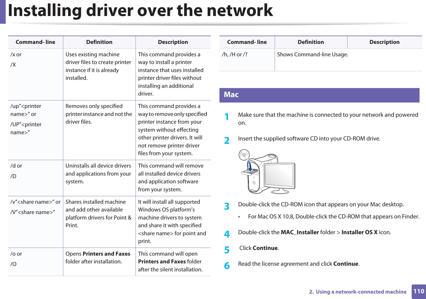 Installing driver over the network1102.  Using a network-connected machine8 Mac1Make sure that the machine is connected to your network and powered on.2  Insert the supplied software CD into your CD-ROM drive.3  Double-click the CD-ROM icon that appears on your Mac desktop.• For Mac OS X 10.8, Double-click the CD-ROM that appears on Finder.4  Double-click the MAC_Installer folder &gt; Installer OS X icon.5   Click Continue.6  Read the license agreement and click Continue./x or/XUses existing machine driver files to create printer instance if it is already installed.This command provides a way to install a printer instance that uses installed printer driver files without installing an additional driver./up”&lt;printer name&gt;” or/UP”&lt;printer name&gt;”Removes only specified printer instance and not the driver files.This command provides a way to remove only specified printer instance from your system without effecting other printer drivers. It will not remove printer driver files from your system./d or/DUninstalls all device drivers and applications from your system.This command will remove all installed device drivers and application software from your system./v”&lt;share name&gt;” or/V”&lt;share name&gt;”Shares installed machine and add other available platform drivers for Point &amp; Print.It will install all supported Windows OS platform’s machine drivers to system and share it with specified &lt;share name&gt; for point and print./o or /OOpens Printers and Faxes folder after installation.This command will open Printers and Faxes folder after the silent installation.Command- line Definition Description/h, /H or /? Shows Command-line Usage.Command- line Definition Description