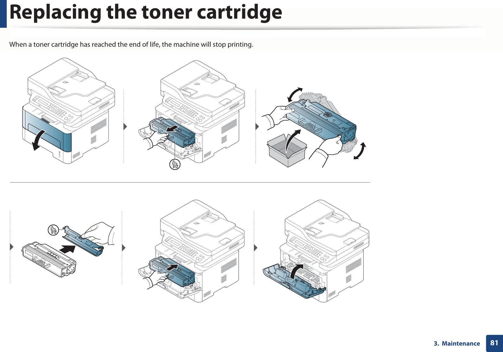 Replacing the toner cartridge813.  MaintenanceWhen a toner cartridge has reached the end of life, the machine will stop printing.