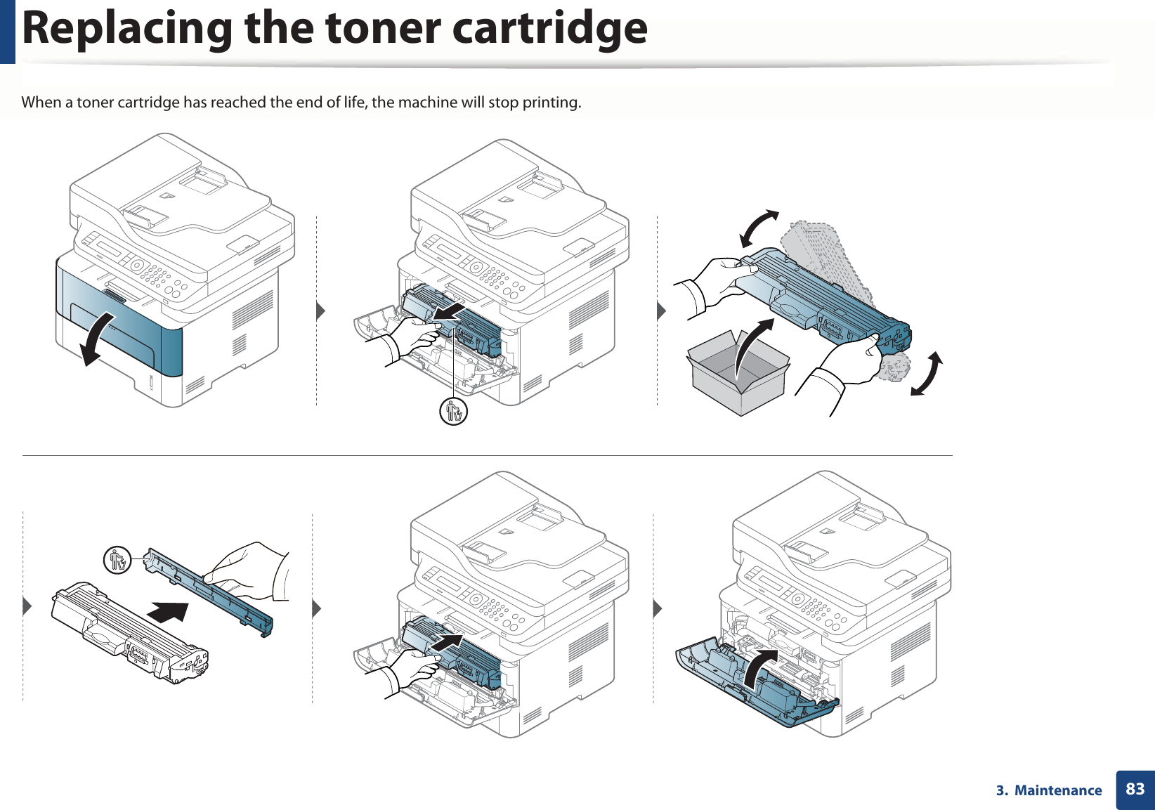 Replacing the toner cartridge833.  MaintenanceWhen a toner cartridge has reached the end of life, the machine will stop printing.