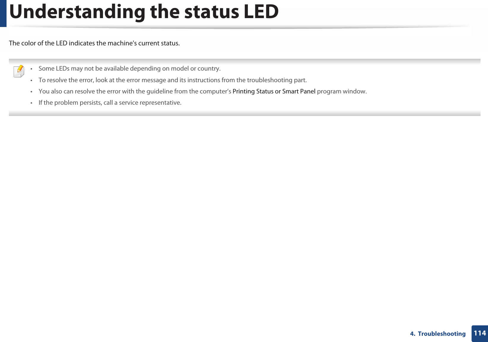 1144.  TroubleshootingUnderstanding the status LEDThe color of the LED indicates the machine&apos;s current status. • Some LEDs may not be available depending on model or country.• To resolve the error, look at the error message and its instructions from the troubleshooting part. • You also can resolve the error with the guideline from the computer’s Printing Status or Smart Panel program window. • If the problem persists, call a service representative. 