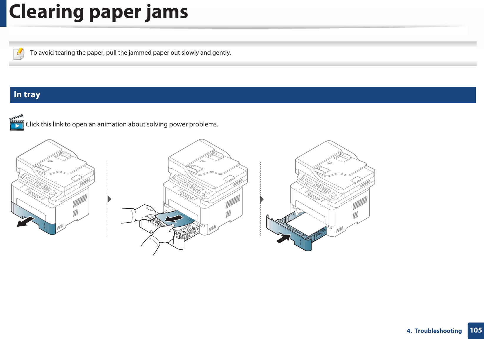 1054. TroubleshootingClearing paper jams To avoid tearing the paper, pull the jammed paper out slowly and gently. 4 In tray Click this link to open an animation about solving power problems.