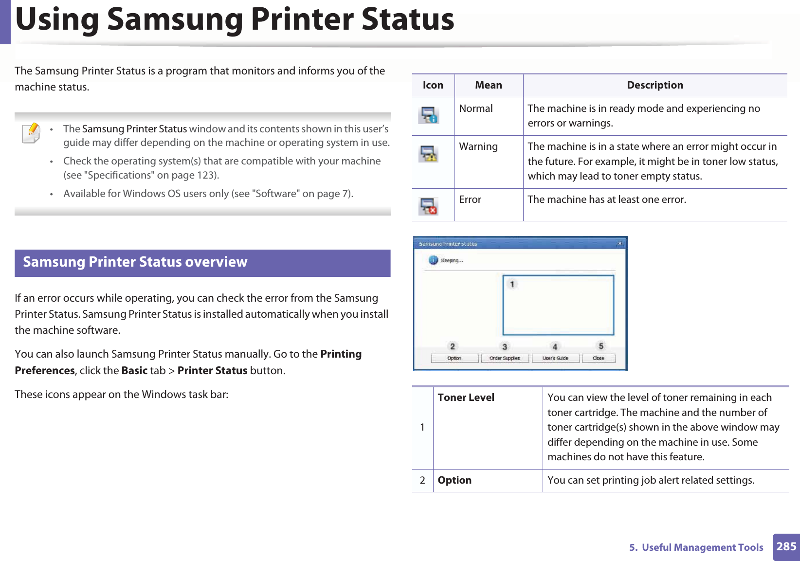 2855.  Useful Management ToolsUsing Samsung Printer Status The Samsung Printer Status is a program that monitors and informs you of the machine status.  • The Samsung Printer Status window and its contents shown in this user’s guide may differ depending on the machine or operating system in use.• Check the operating system(s) that are compatible with your machine (see &quot;Specifications&quot; on page 123).• Available for Windows OS users only (see &quot;Software&quot; on page 7). 10 Samsung Printer Status overviewIf an error occurs while operating, you can check the error from the Samsung Printer Status. Samsung Printer Status is installed automatically when you install the machine software. You can also launch Samsung Printer Status manually. Go to the Printing Preferences, click the Basic tab &gt; Printer Status button.These icons appear on the Windows task bar:Icon Mean DescriptionNormal The machine is in ready mode and experiencing no errors or warnings.Warning The machine is in a state where an error might occur in the future. For example, it might be in toner low status, which may lead to toner empty status. Error The machine has at least one error.1Toner Level You can view the level of toner remaining in each toner cartridge. The machine and the number of toner cartridge(s) shown in the above window may differ depending on the machine in use. Some machines do not have this feature.2Option You can set printing job alert related settings. 