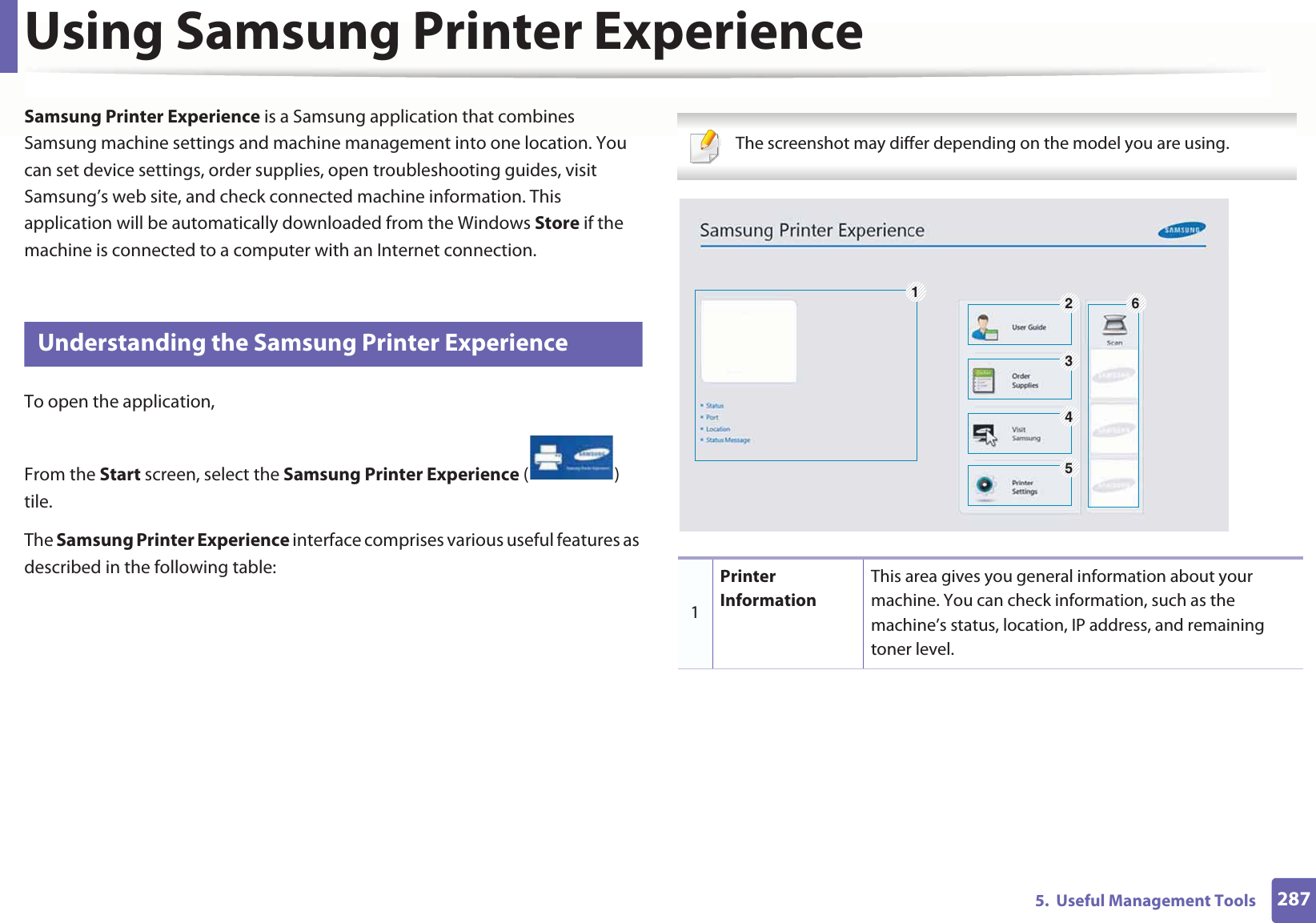 2875.  Useful Management ToolsUsing Samsung Printer Experience Samsung Printer Experience is a Samsung application that combines Samsung machine settings and machine management into one location. You can set device settings, order supplies, open troubleshooting guides, visit Samsung’s web site, and check connected machine information. This application will be automatically downloaded from the Windows Store if the machine is connected to a computer with an Internet connection. 11 Understanding the Samsung Printer ExperienceTo open the application, From the Start screen, select the Samsung Printer Experience ()Gtile. The Samsung Printer Experience interface comprises various useful features as described in the following table: The screenshot may differ depending on the model you are using. 1Printer InformationThis area gives you general information about your machine. You can check information, such as the machine’s status, location, IP address, and remaining toner level.126345