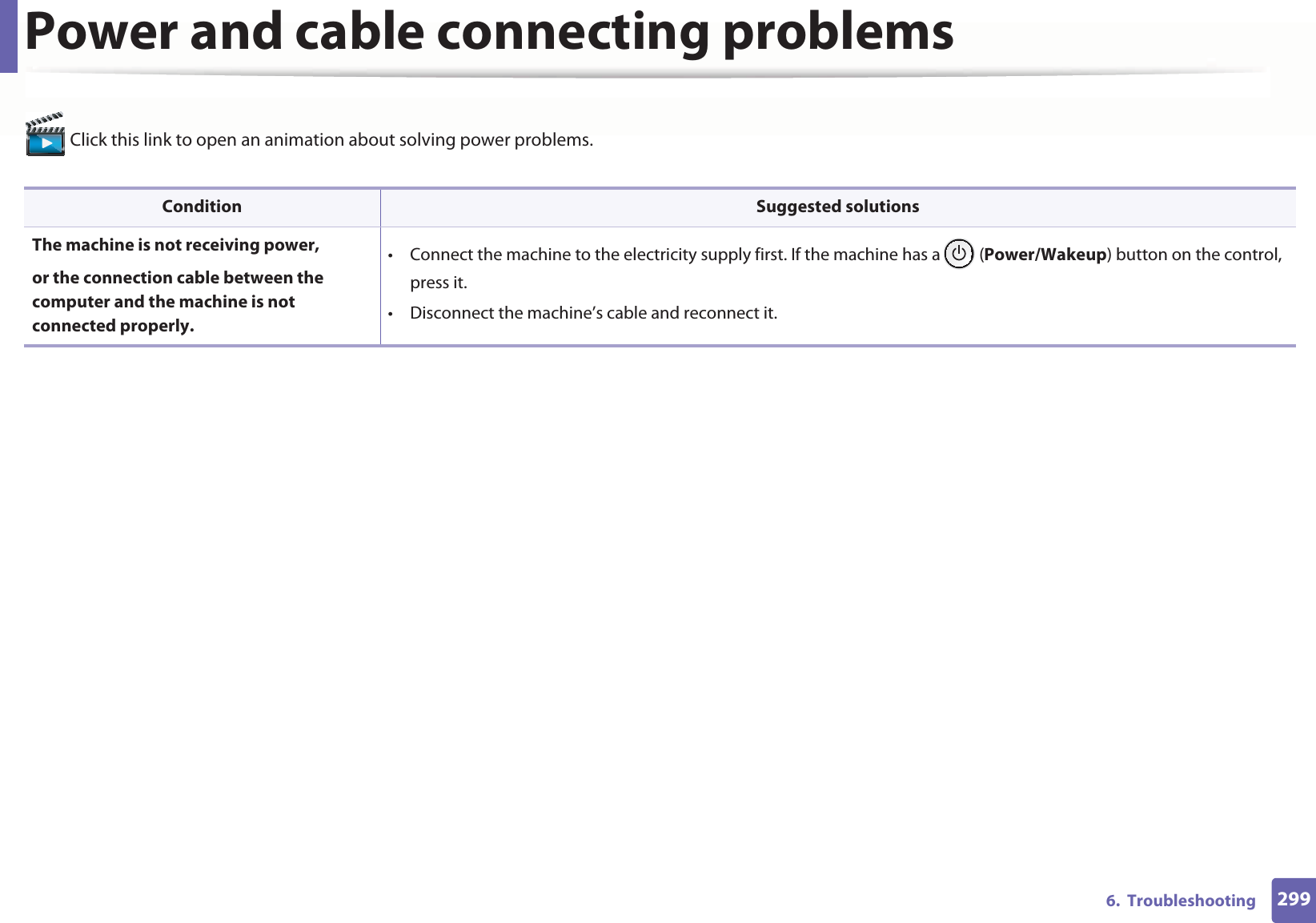 2996.  TroubleshootingPower and cable connecting problems Click this link to open an animation about solving power problems.Condition Suggested solutionsThe machine is not receiving power, or the connection cable between the computer and the machine is not connected properly.• Connect the machine to the electricity supply first. If the machine has a   (Power/Wakeup) button on the control, press it. • Disconnect the machine’s cable and reconnect it.