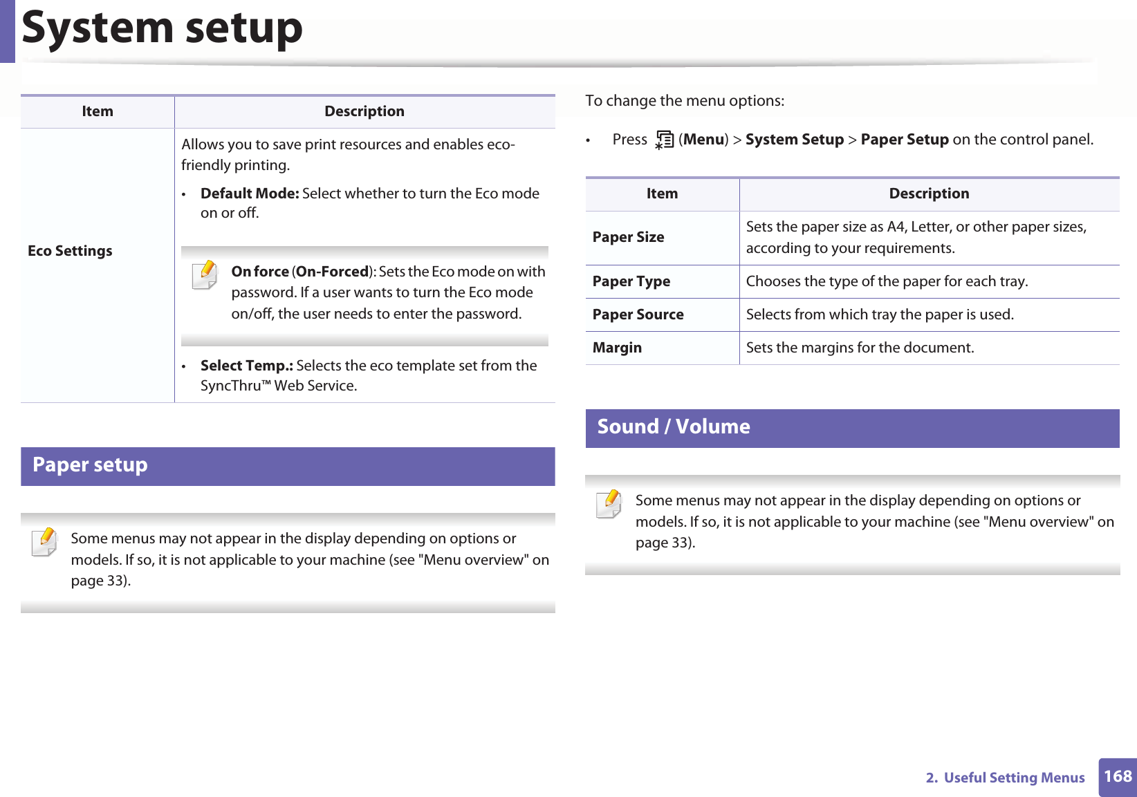 System setup1682.  Useful Setting Menus7 Paper setup Some menus may not appear in the display depending on options or models. If so, it is not applicable to your machine (see &quot;Menu overview&quot; on page 33). To change the menu options:• Press  (Menu) &gt; System Setup &gt; Paper Setup on the control panel.8 Sound / Volume Some menus may not appear in the display depending on options or models. If so, it is not applicable to your machine (see &quot;Menu overview&quot; on page 33). Eco SettingsAllows you to save print resources and enables eco-friendly printing. •Default Mode: Select whether to turn the Eco mode on or off. On force (On-Forced): Sets the Eco mode on with password. If a user wants to turn the Eco mode on/off, the user needs to enter the password. •Select Temp.: Selects the eco template set from the SyncThru™ Web Service.Item DescriptionItem DescriptionPaper Size Sets the paper size as A4, Letter, or other paper sizes, according to your requirements.Paper Type Chooses the type of the paper for each tray.Paper Source Selects from which tray the paper is used.Margin Sets the margins for the document.