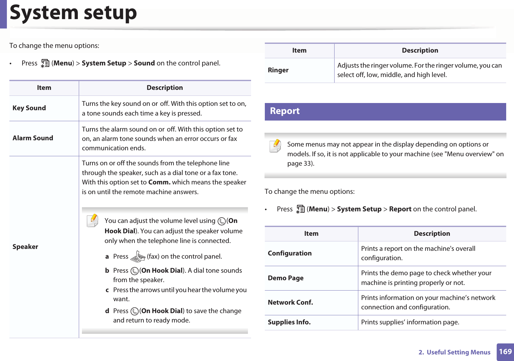 System setup1692.  Useful Setting MenusTo change the menu options:• Press  (Menu) &gt; System Setup &gt; Sound on the control panel.9 Report Some menus may not appear in the display depending on options or models. If so, it is not applicable to your machine (see &quot;Menu overview&quot; on page 33). To change the menu options:• Press  (Menu) &gt; System Setup &gt; Report on the control panel.Item DescriptionKey Sound Turns the key sound on orGoff. With this option set to on, a tone sounds each time a key is pressed.Alarm SoundTurns the alarm sound on orGoff. With this option set to on, an alarm tone sounds when an error occurs or fax communication ends.SpeakerTurns on or off the sounds from the telephone line through the speaker, such as a dial tone or a fax tone. With this option set to Comm. which means the speaker is on until the remote machine answers. You can adjust the volume level using  (On Hook Dial). You can adjust the speaker volume only when the telephone line is connected.a  Press   (fax) on the control panel.b  Press  (On Hook Dial). A dial tone sounds from the speaker.c  Press the arrows until you hear the volume you want.d  Press  (On Hook Dial) to save the change and return to ready mode. Ringer Adjusts the ringer volume. For the ringer volume, you can select off, low, middle, and high level.Item DescriptionConfiguration Prints a report on the machine&apos;s overall configuration.Demo Page Prints the demo page to check whether your machine is printing properly or not.Network Conf.  Prints information on your machine’s network connection and configuration.Supplies Info. Prints supplies’ information page. Item Description