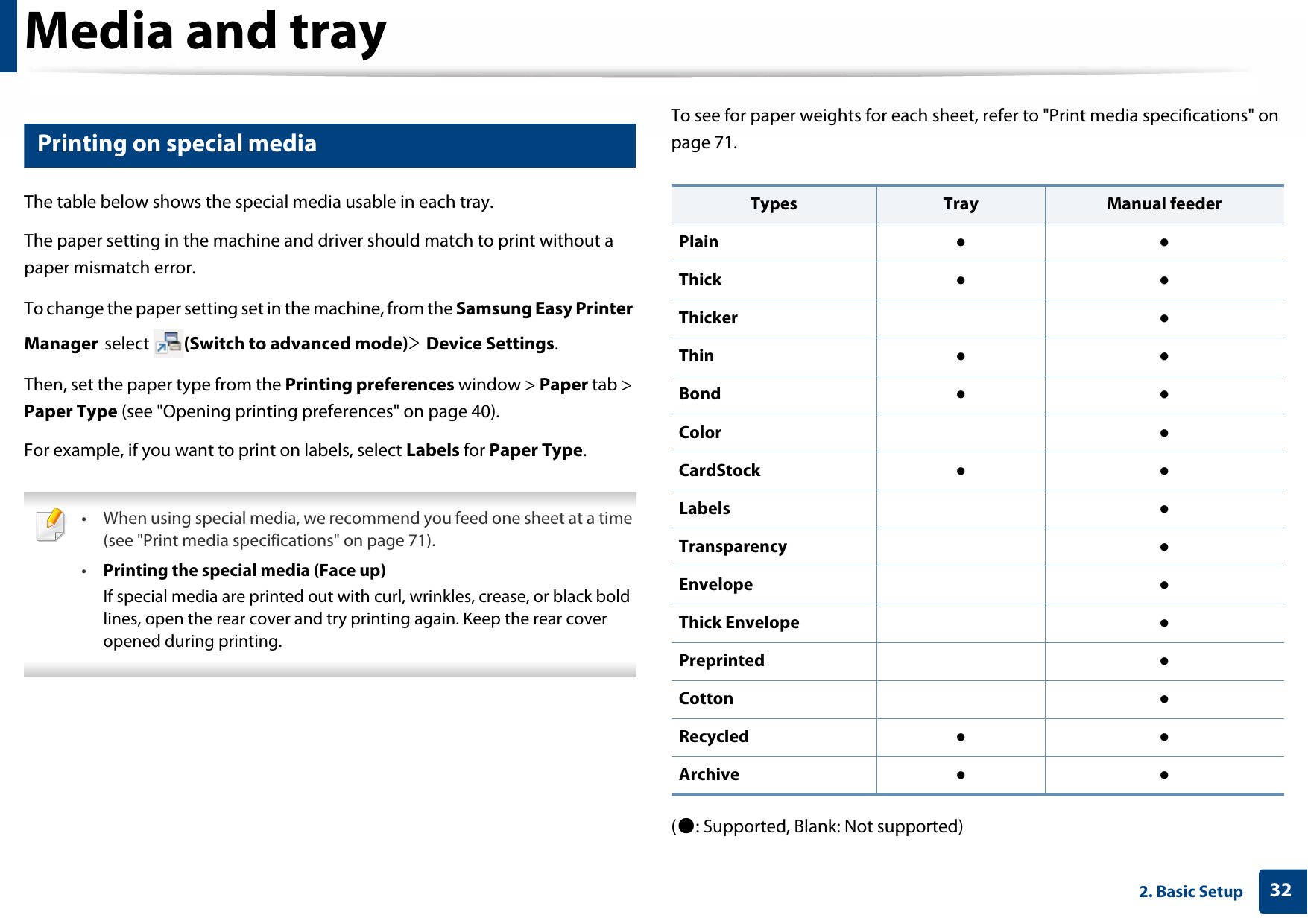 Media and tray322. Basic Setup4 Printing on special mediaThe table below shows the special media usable in each tray.The paper setting in the machine and driver should match to print without a paper mismatch error.To change the paper setting set in the machine, from the Samsung Easy Printer Manager select  (Switch to advanced mode)&gt; Device Settings.Then, set the paper type from the Printing preferences window &gt; Paper tab &gt; Paper Type (see &quot;Opening printing preferences&quot; on page 40).For example, if you want to print on labels, select Labels for Paper Type. • When using special media, we recommend you feed one sheet at a time (see &quot;Print media specifications&quot; on page 71).•Printing the special media (Face up)If special media are printed out with curl, wrinkles, crease, or black bold lines, open the rear cover and try printing again. Keep the rear cover opened during printing.  To see for paper weights for each sheet, refer to &quot;Print media specifications&quot; on page 71.(●: Supported, Blank: Not supported) Types Tray  Manual feederPlain ●●Thick  ●●Thicker  ●Thin  ●●Bond ●●Color  ●CardStock ●●Labels ●Transparency ●Envelope ●Thick Envelope ●Preprinted  ●Cotton ●Recycled ●●Archive ●●
