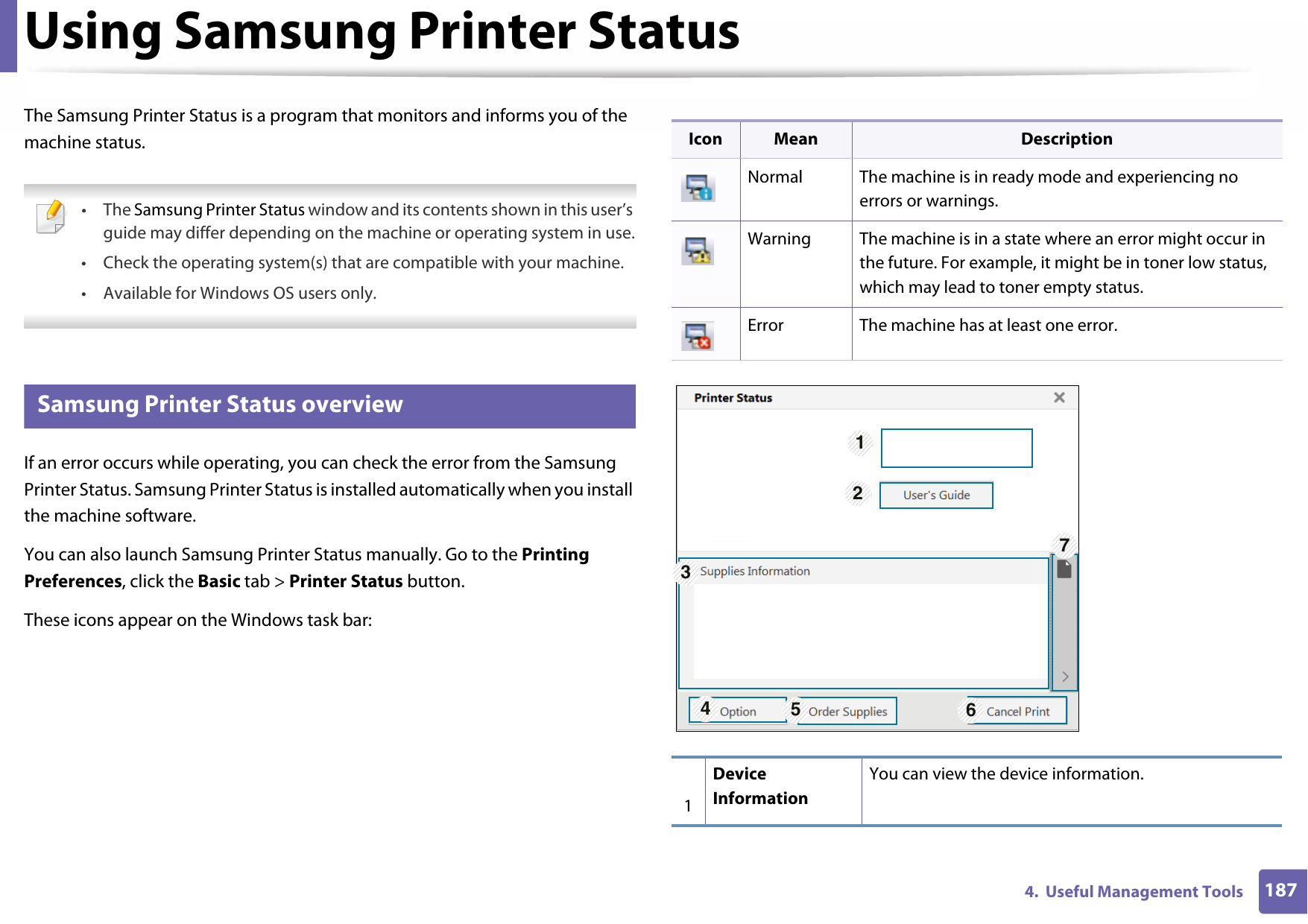 1874.  Useful Management ToolsUsing Samsung Printer Status The Samsung Printer Status is a program that monitors and informs you of the machine status.  • The Samsung Printer Status window and its contents shown in this user’s guide may differ depending on the machine or operating system in use.• Check the operating system(s) that are compatible with your machine.• Available for Windows OS users only. 5 Samsung Printer Status overviewIf an error occurs while operating, you can check the error from the Samsung Printer Status. Samsung Printer Status is installed automatically when you install the machine software. You can also launch Samsung Printer Status manually. Go to the Printing Preferences, click the Basic tab &gt; Printer Status button.These icons appear on the Windows task bar:Icon Mean DescriptionNormal The machine is in ready mode and experiencing no errors or warnings.Warning The machine is in a state where an error might occur in the future. For example, it might be in toner low status, which may lead to toner empty status. Error The machine has at least one error.1Device InformationYou can view the device information.1327456
