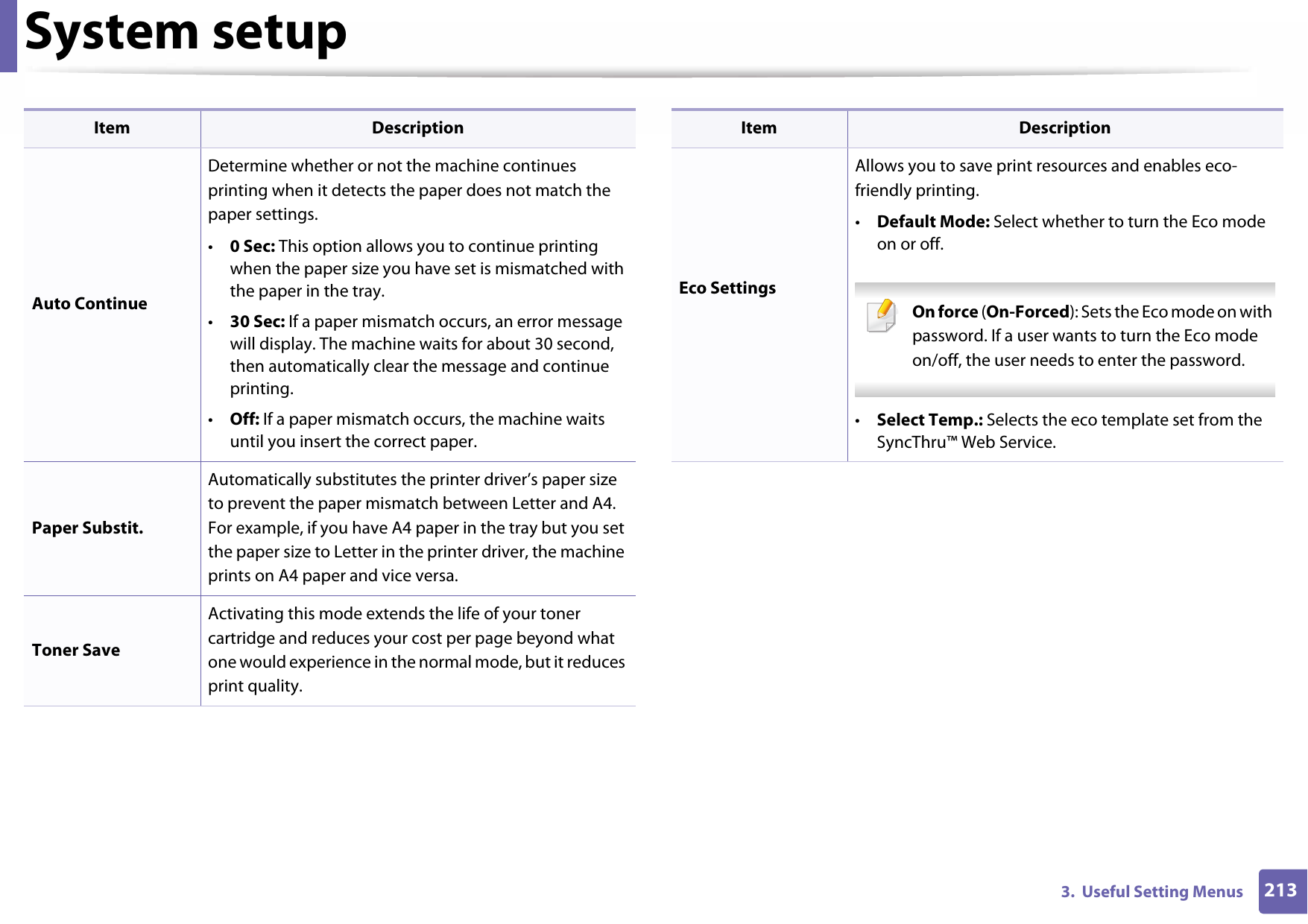 System setup2133.  Useful Setting MenusAuto ContinueDetermine whether or not the machine continues printing when it detects the paper does not match the paper settings.•0 Sec: This option allows you to continue printing when the paper size you have set is mismatched with the paper in the tray.•30 Sec: If a paper mismatch occurs, an error message will display. The machine waits for about 30 second, then automatically clear the message and continue printing. •Off: If a paper mismatch occurs, the machine waits until you insert the correct paper. Paper Substit.Automatically substitutes the printer driver’s paper size to prevent the paper mismatch between Letter and A4. For example, if you have A4 paper in the tray but you set the paper size to Letter in the printer driver, the machine prints on A4 paper and vice versa.Toner SaveActivating this mode extends the life of your toner cartridge and reduces your cost per page beyond what one would experience in the normal mode, but it reduces print quality.Item DescriptionEco SettingsAllows you to save print resources and enables eco-friendly printing. •Default Mode: Select whether to turn the Eco mode on or off. On force (On-Forced): Sets the Eco mode on with password. If a user wants to turn the Eco mode on/off, the user needs to enter the password. •Select Temp.: Selects the eco template set from the SyncThru™ Web Service.Item Description