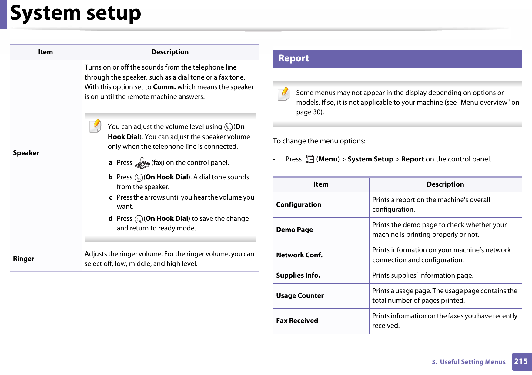 System setup2153.  Useful Setting Menus9 Report Some menus may not appear in the display depending on options or models. If so, it is not applicable to your machine (see &quot;Menu overview&quot; on page 30). To change the menu options:• Press  (Menu) &gt; System Setup &gt; Report on the control panel.SpeakerTurns on or off the sounds from the telephone line through the speaker, such as a dial tone or a fax tone. With this option set to Comm. which means the speaker is on until the remote machine answers. You can adjust the volume level using  (On Hook Dial). You can adjust the speaker volume only when the telephone line is connected.a  Press   (fax) on the control panel.b  Press (On Hook Dial). A dial tone sounds from the speaker.c  Press the arrows until you hear the volume you want.d  Press (On Hook Dial) to save the change and return to ready mode. Ringer Adjusts the ringer volume. For the ringer volume, you can select off, low, middle, and high level.Item DescriptionItem DescriptionConfiguration Prints a report on the machine&apos;s overall configuration.Demo Page Prints the demo page to check whether your machine is printing properly or not.Network Conf.  Prints information on your machine’s network connection and configuration.Supplies Info. Prints supplies’ information page. Usage Counter Prints a usage page. The usage page contains the total number of pages printed.Fax Received Prints information on the faxes you have recently received.