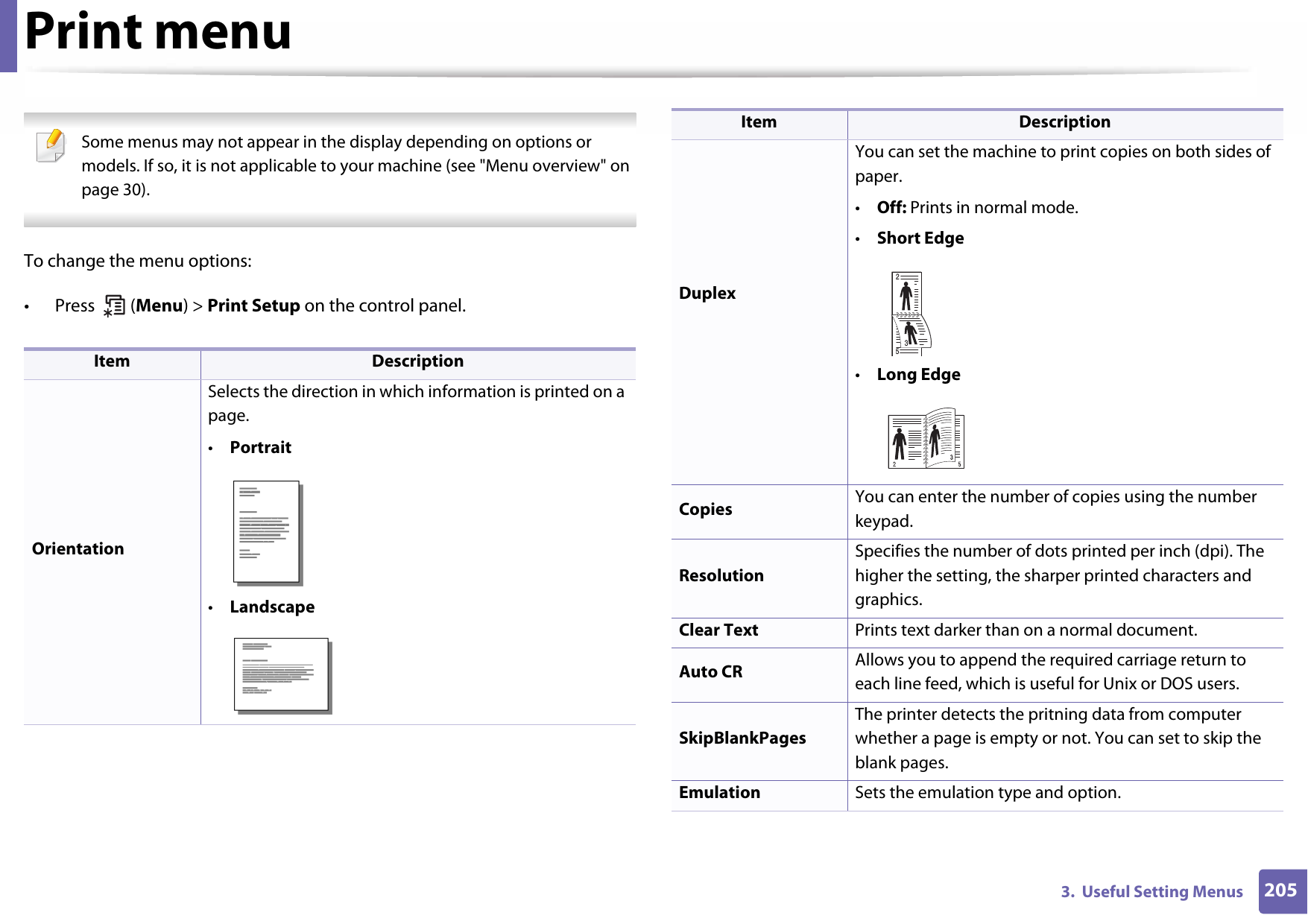 2053.  Useful Setting MenusPrint menu Some menus may not appear in the display depending on options or models. If so, it is not applicable to your machine (see &quot;Menu overview&quot; on page 30). To change the menu options:• Press  (Menu) &gt; Print Setup on the control panel.Item DescriptionOrientationSelects the direction in which information is printed on a page.•Portrait•LandscapeDuplexYou can set the machine to print copies on both sides of paper.•Off: Prints in normal mode.•Short Edge•Long EdgeCopies  You can enter the number of copies using the number keypad.ResolutionSpecifies the number of dots printed per inch (dpi). The higher the setting, the sharper printed characters and graphics.Clear Text Prints text darker than on a normal document.Auto CR Allows you to append the required carriage return to each line feed, which is useful for Unix or DOS users.SkipBlankPagesThe printer detects the pritning data from computer whether a page is empty or not. You can set to skip the blank pages.Emulation Sets the emulation type and option.Item Description253