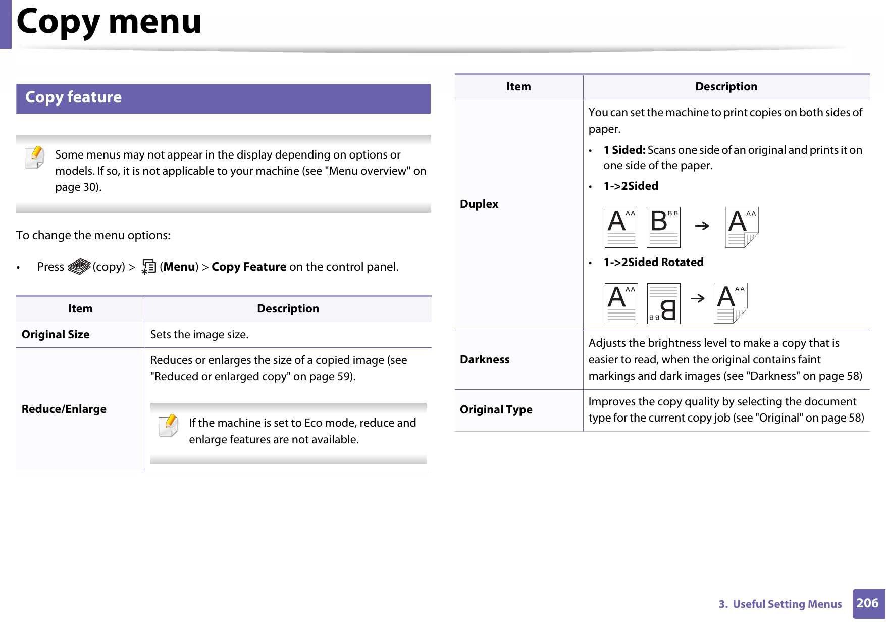 2063.  Useful Setting MenusCopy menu1 Copy feature Some menus may not appear in the display depending on options or models. If so, it is not applicable to your machine (see &quot;Menu overview&quot; on page 30). To change the menu options:• Press (copy) &gt;  (Menu) &gt; Copy Feature on the control panel.Item DescriptionOriginal Size Sets the image size.Reduce/EnlargeReduces or enlarges the size of a copied image (see &quot;Reduced or enlarged copy&quot; on page 59). If the machine is set to Eco mode, reduce and enlarge features are not available. DuplexYou can set the machine to print copies on both sides of paper.•1 Sided: Scans one side of an original and prints it on one side of the paper.•1-&gt;2Sided•1-&gt;2Sided RotatedDarknessAdjusts the brightness level to make a copy that is easier to read, when the original contains faint markings and dark images (see &quot;Darkness&quot; on page 58)Original Type Improves the copy quality by selecting the document type for the current copy job (see &quot;Original&quot; on page 58)Item Description