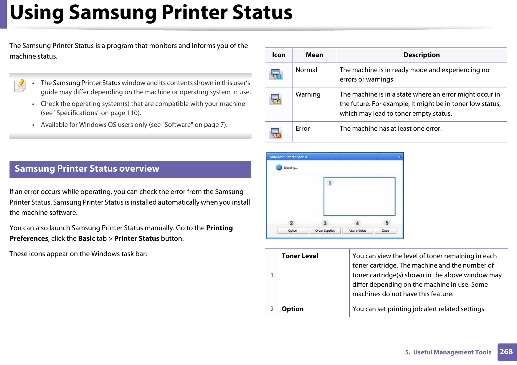 2685.  Useful Management ToolsUsing Samsung Printer Status The Samsung Printer Status is a program that monitors and informs you of the machine status.  • The Samsung Printer Status window and its contents shown in this user’s guide may differ depending on the machine or operating system in use.• Check the operating system(s) that are compatible with your machine (see &quot;Specifications&quot; on page 110).• Available for Windows OS users only (see &quot;Software&quot; on page 7). 7 Samsung Printer Status overviewIf an error occurs while operating, you can check the error from the Samsung Printer Status. Samsung Printer Status is installed automatically when you install the machine software. You can also launch Samsung Printer Status manually. Go to the Printing Preferences, click the Basic tab &gt; Printer Status button.These icons appear on the Windows task bar:Icon Mean DescriptionNormal The machine is in ready mode and experiencing no errors or warnings.Warning The machine is in a state where an error might occur in the future. For example, it might be in toner low status, which may lead to toner empty status. Error The machine has at least one error.1Toner Level You can view the level of toner remaining in each toner cartridge. The machine and the number of toner cartridge(s) shown in the above window may differ depending on the machine in use. Some machines do not have this feature.2Option You can set printing job alert related settings. 