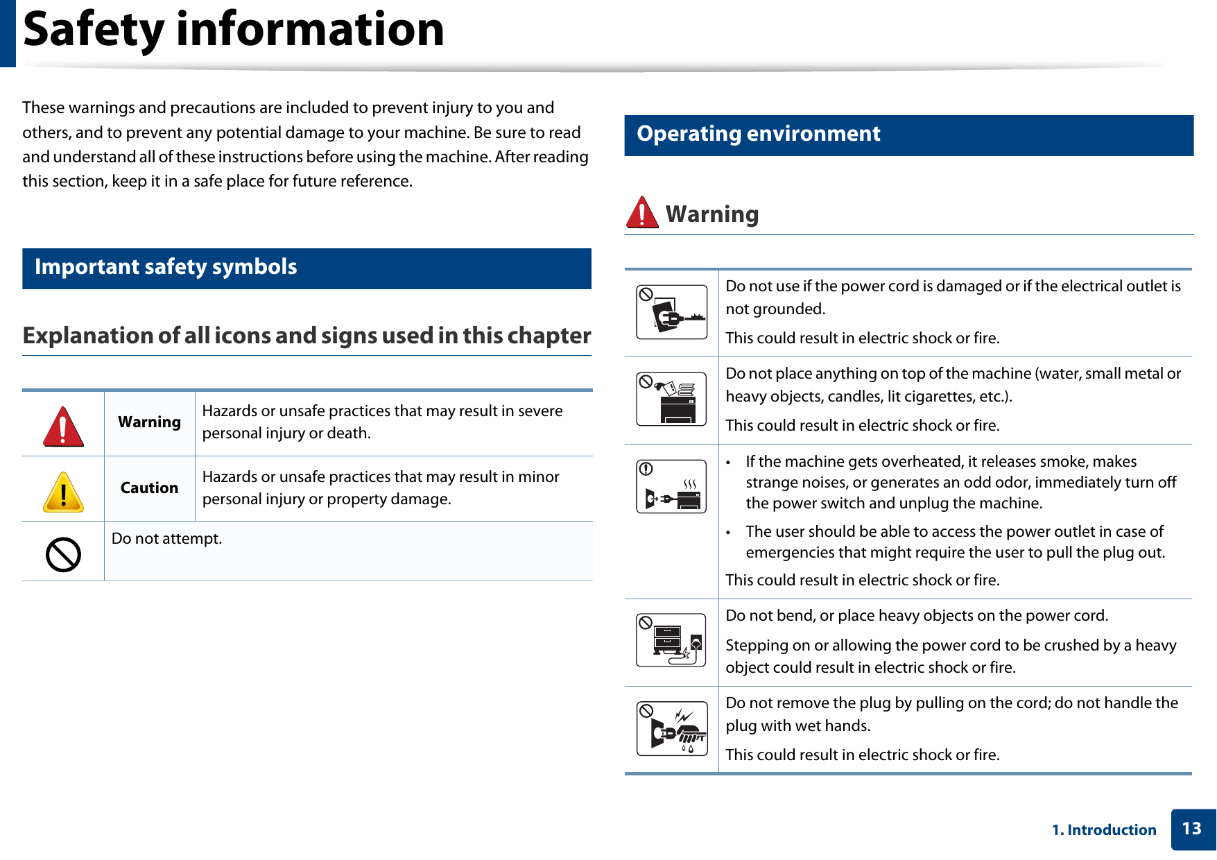 131. IntroductionSafety informationThese warnings and precautions are included to prevent injury to you and others, and to prevent any potential damage to your machine. Be sure to read and understand all of these instructions before using the machine. After reading this section, keep it in a safe place for future reference.3 Important safety symbolsExplanation of all icons and signs used in this chapter4 Operating environment WarningWarning Hazards or unsafe practices that may result in severe personal injury or death.Caution Hazards or unsafe practices that may result in minor personal injury or property damage.Do not attempt.Do not use if the power cord is damaged or if the electrical outlet is not grounded.This could result in electric shock or fire. Do not place anything on top of the machine (water, small metal or heavy objects, candles, lit cigarettes, etc.).This could result in electric shock or fire. • If the machine gets overheated, it releases smoke, makes strange noises, or generates an odd odor, immediately turn off the power switch and unplug the machine.• The user should be able to access the power outlet in case of emergencies that might require the user to pull the plug out.This could result in electric shock or fire. Do not bend, or place heavy objects on the power cord. Stepping on or allowing the power cord to be crushed by a heavy object could result in electric shock or fire. Do not remove the plug by pulling on the cord; do not handle the plug with wet hands. This could result in electric shock or fire. 