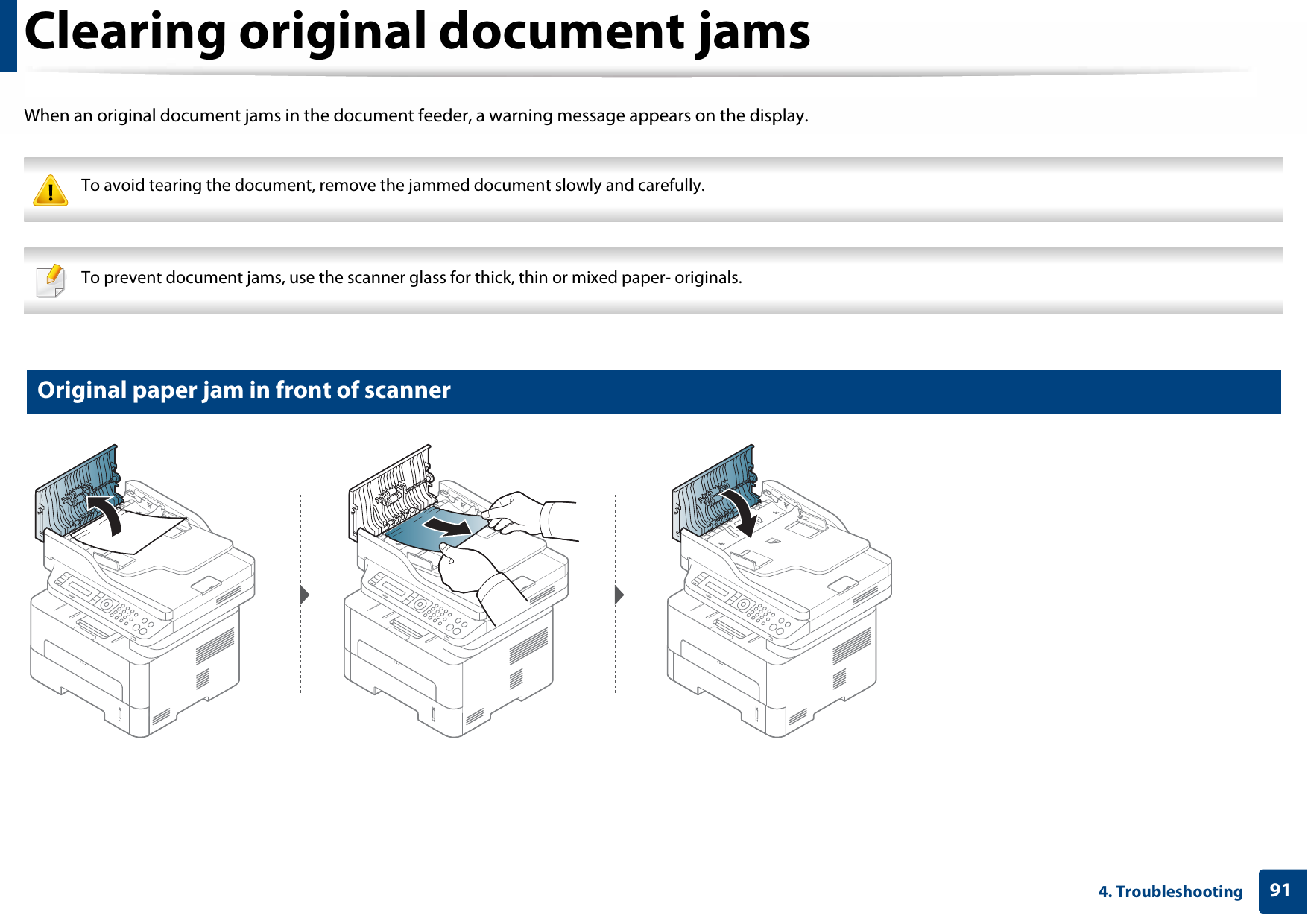 914. TroubleshootingClearing original document jamsWhen an original document jams in the document feeder, a warning message appears on the display. To avoid tearing the document, remove the jammed document slowly and carefully.  To prevent document jams, use the scanner glass for thick, thin or mixed paper- originals. 1 Original paper jam in front of scanner