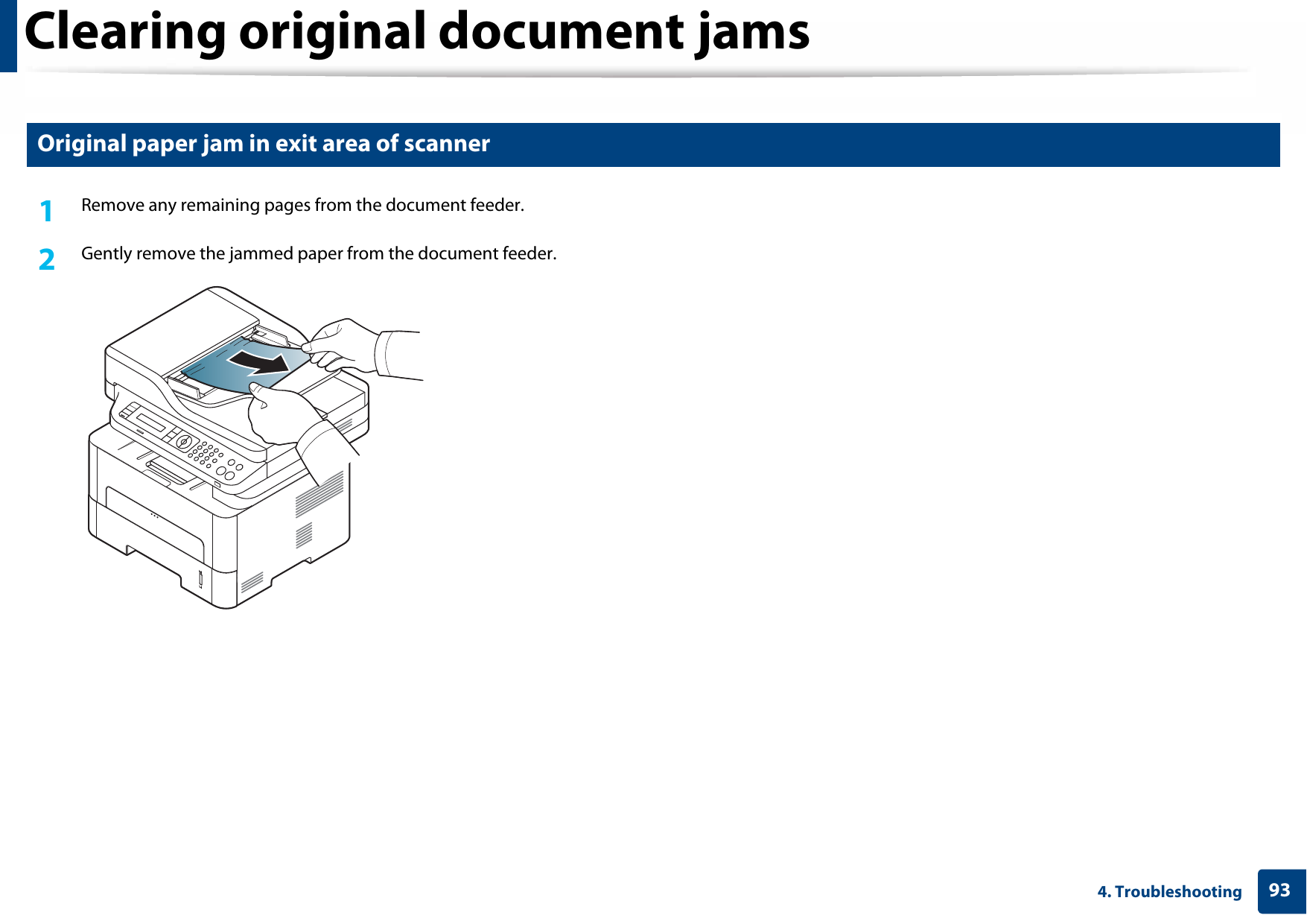 Clearing original document jams934. Troubleshooting3 Original paper jam in exit area of scanner1Remove any remaining pages from the document feeder.2  Gently remove the jammed paper from the document feeder.