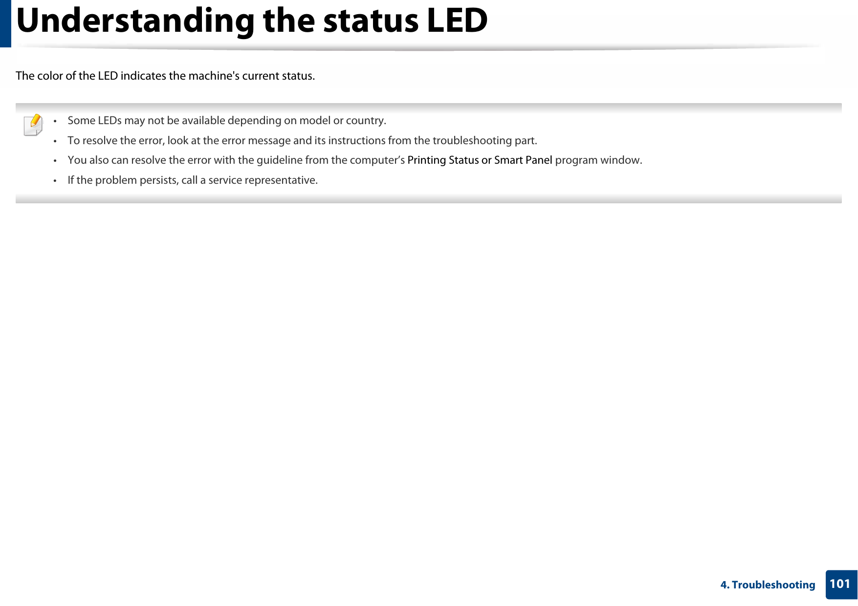 1014. TroubleshootingUnderstanding the status LEDThe color of the LED indicates the machine&apos;s current status. • Some LEDs may not be available depending on model or country.• To resolve the error, look at the error message and its instructions from the troubleshooting part. • You also can resolve the error with the guideline from the computer’s Printing Status or Smart Panel program window. • If the problem persists, call a service representative. 