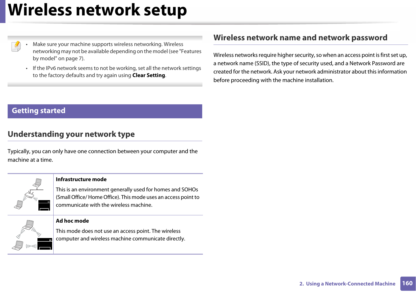 1602.  Using a Network-Connected MachineWireless network setup • Make sure your machine supports wireless networking. Wireless networking may not be available depending on the model (see &quot;Features by model&quot; on page 7).• If the IPv6 network seems to not be working, set all the network settings to the factory defaults and try again using Clear Setting. 12 Getting startedUnderstanding your network typeTypically, you can only have one connection between your computer and the machine at a time.Wireless network name and network passwordWireless networks require higher security, so when an access point is first set up, a network name (SSID), the type of security used, and a Network Password are created for the network. Ask your network administrator about this information before proceeding with the machine installation.Infrastructure modeThis is an environment generally used for homes and SOHOs (Small Office/ Home Office). This mode uses an access point to communicate with the wireless machine.Ad hoc modeThis mode does not use an access point. The wireless computer and wireless machine communicate directly. 