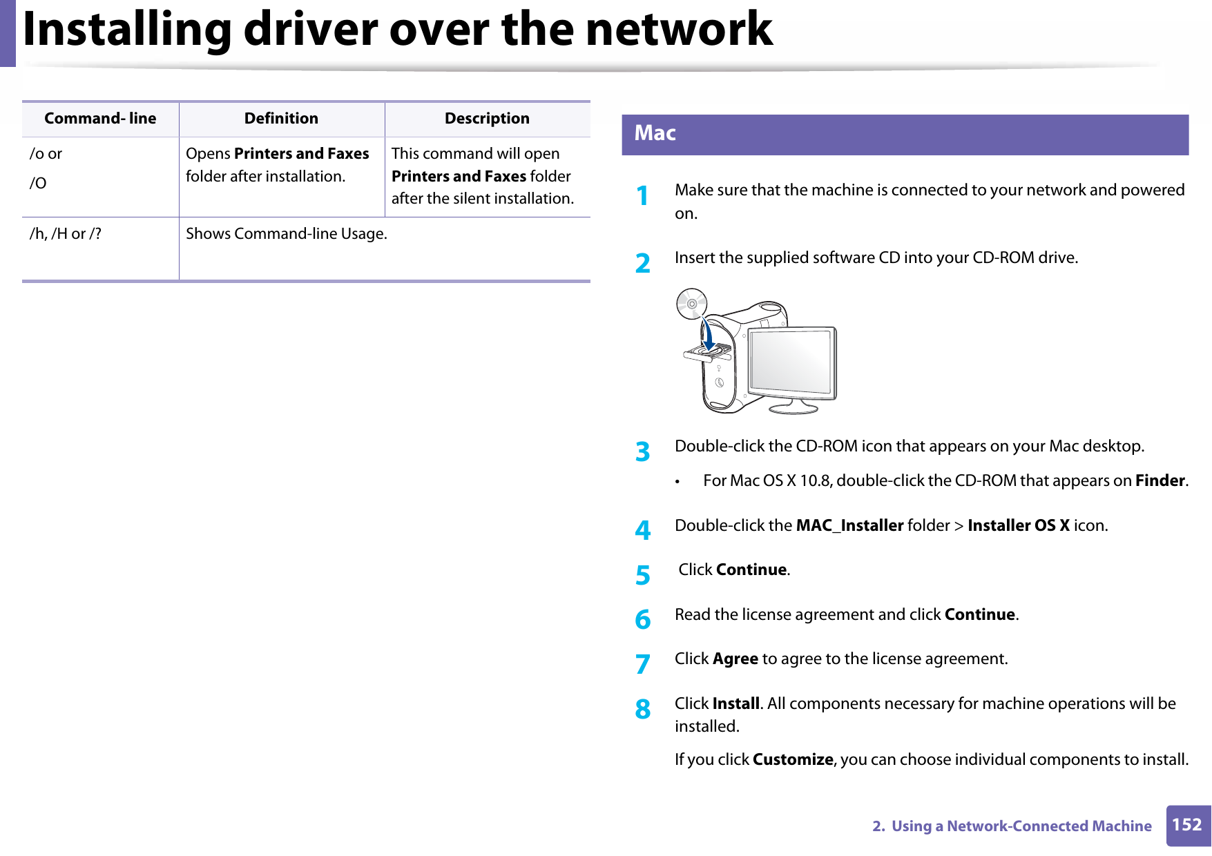 Installing driver over the network1522.  Using a Network-Connected Machine7 Mac1Make sure that the machine is connected to your network and powered on.2  Insert the supplied software CD into your CD-ROM drive.3  Double-click the CD-ROM icon that appears on your Mac desktop.• For Mac OS X 10.8, double-click the CD-ROM that appears on Finder.4  Double-click the MAC_Installer folder &gt; Installer OS X icon.5   Click Continue.6  Read the license agreement and click Continue.7  Click Agree to agree to the license agreement.8  Click Install. All components necessary for machine operations will be installed.If you click Customize, you can choose individual components to install./o or /OOpens Printers and Faxes folder after installation.This command will open Printers and Faxes folder after the silent installation./h, /H or /? Shows Command-line Usage.Command- line Definition Description