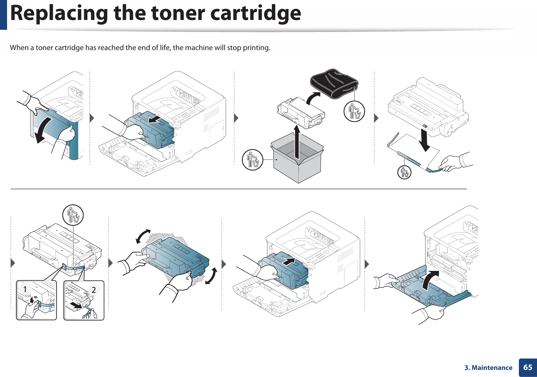 Replacing the toner cartridge653. MaintenanceWhen a toner cartridge has reached the end of life, the machine will stop printing.21