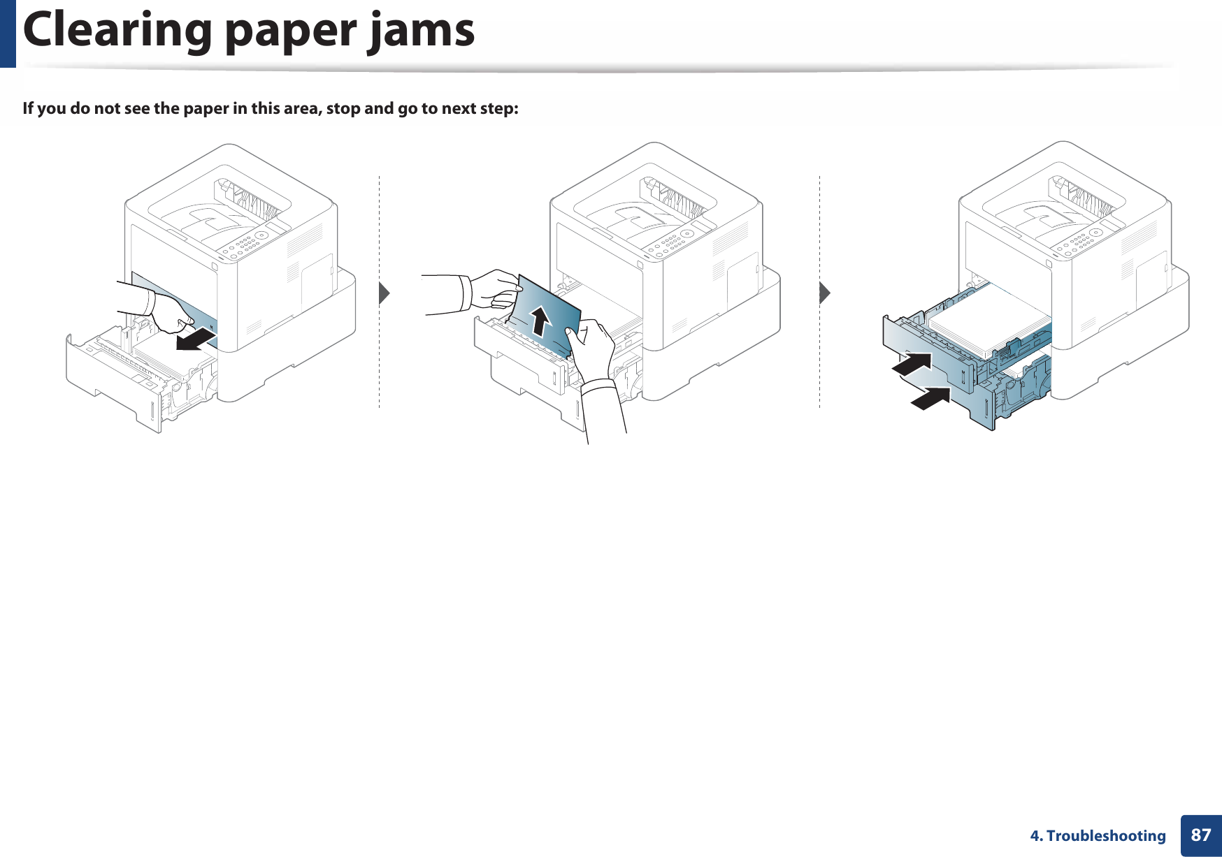 Clearing paper jams874. TroubleshootingIf you do not see the paper in this area, stop and go to next step: