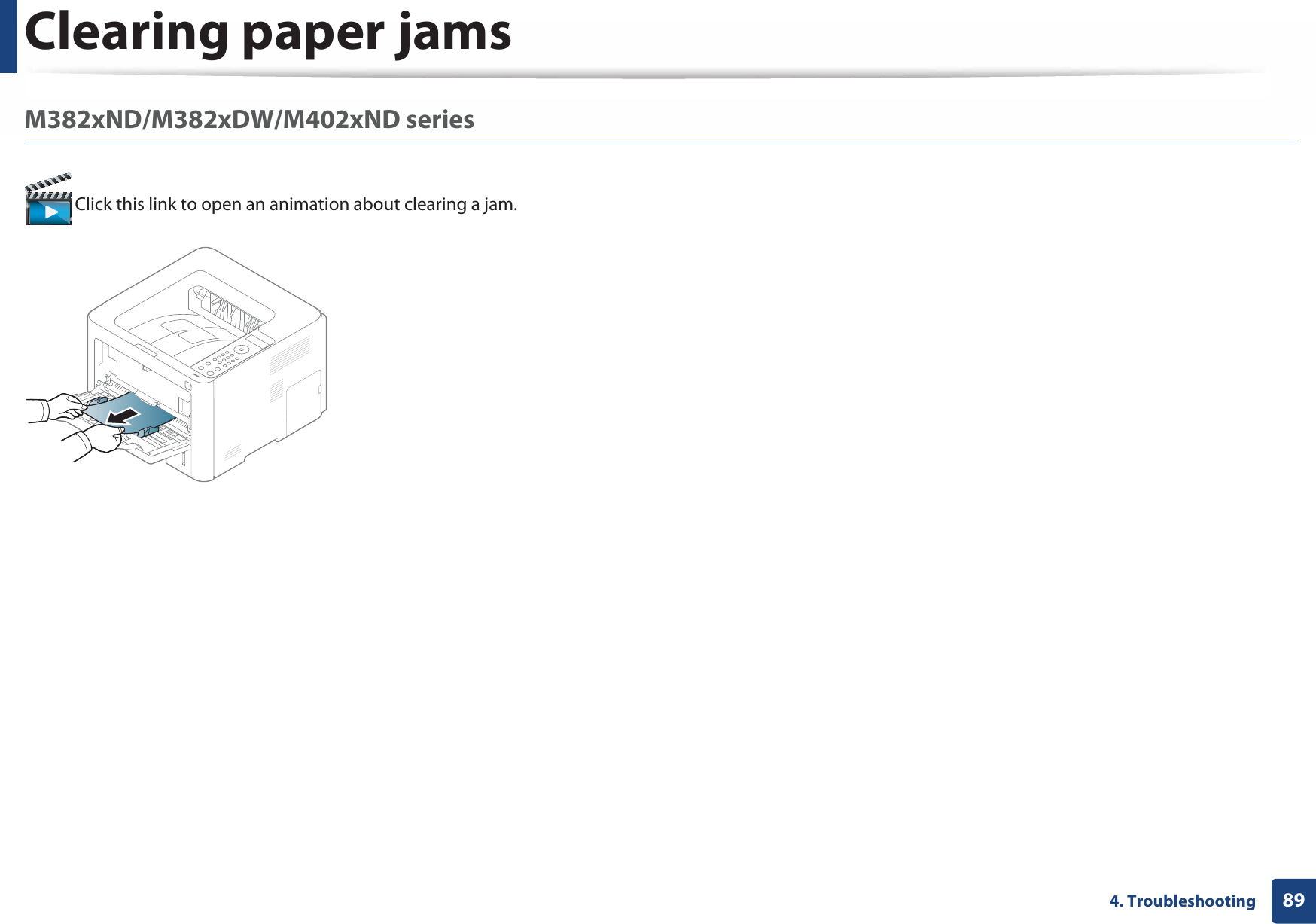 Clearing paper jams894. TroubleshootingM382xND/M382xDW/M402xND series Click this link to open an animation about clearing a jam.