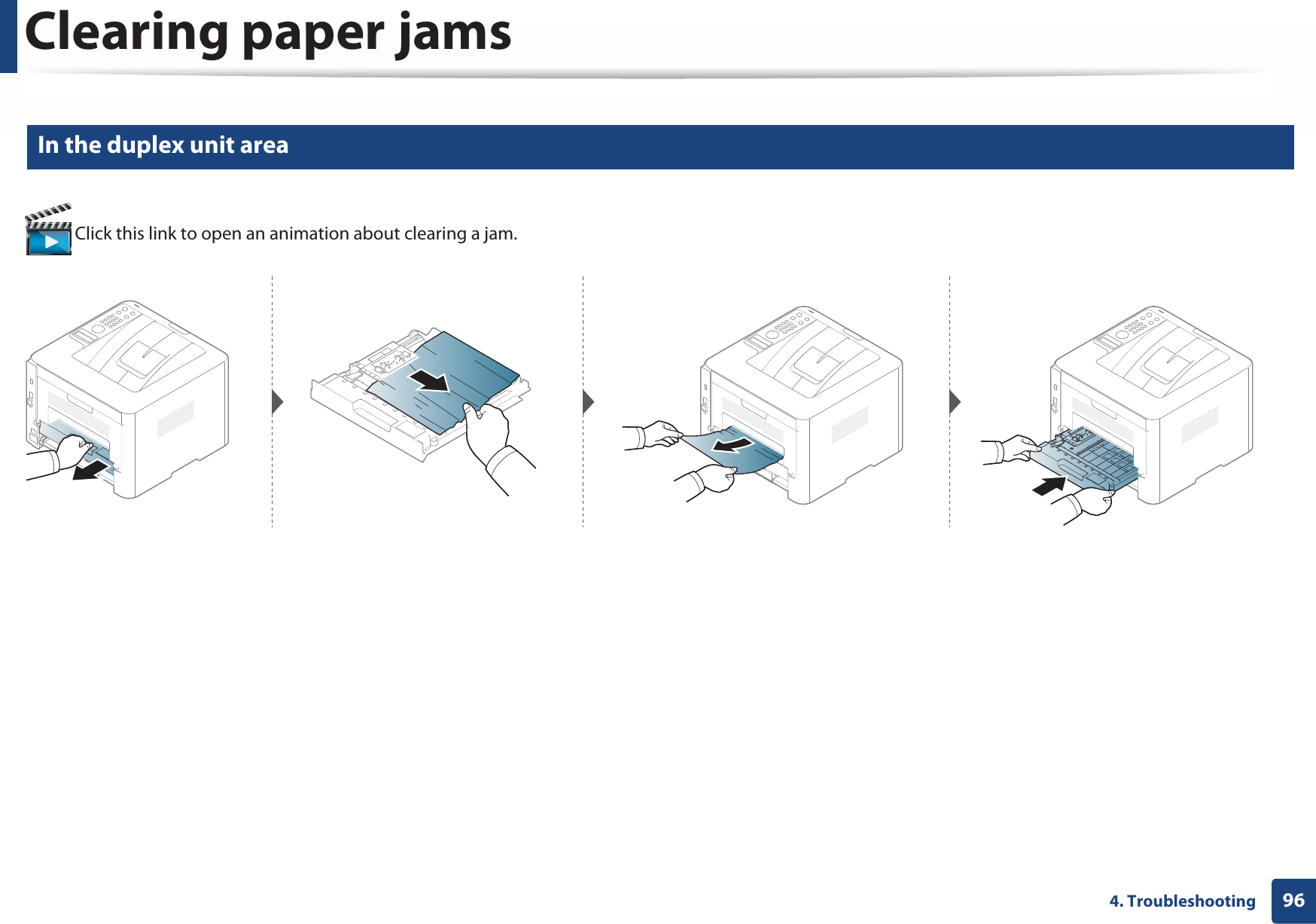 Clearing paper jams964. Troubleshooting6 In the duplex unit area Click this link to open an animation about clearing a jam.