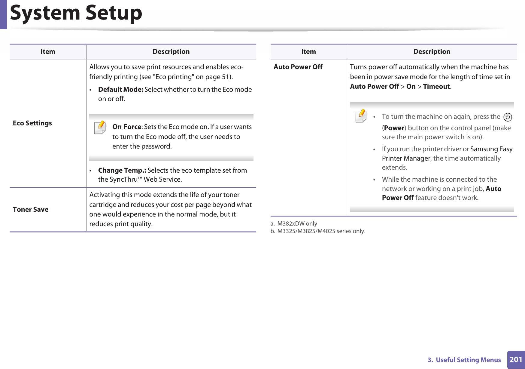 System Setup2013.  Useful Setting MenusEco SettingsAllows you to save print resources and enables eco-friendly printing (see &quot;Eco printing&quot; on page 51).•Default Mode: Select whether to turn the Eco mode on or off. OnGForce: Sets the Eco mode on. If a user wants to turn the Eco mode off, the user needs to enter the password. •Change Temp.: Selects the eco template set from the SyncThru™ Web Service.Toner SaveActivating this mode extends the life of your toner cartridge and reduces your cost per page beyond what one would experience in the normal mode, but it reduces print quality.Item DescriptionAuto Power Off Turns power off automatically when the machine has been in power save mode for the length of time set in Auto Power Off &gt; On &gt; Timeout. • To turn the machine on again, press the   (Power) button on the control panel (make sure the main power switch is on).• If you run the printer driver or Samsung Easy Printer Manager, the time automatically extends.• While the machine is connected to the network or working on a print job, Auto Power Off feature doesn&apos;t work. a. M382xDW onlyb. M3325/M3825/M4025 series only.Item Description