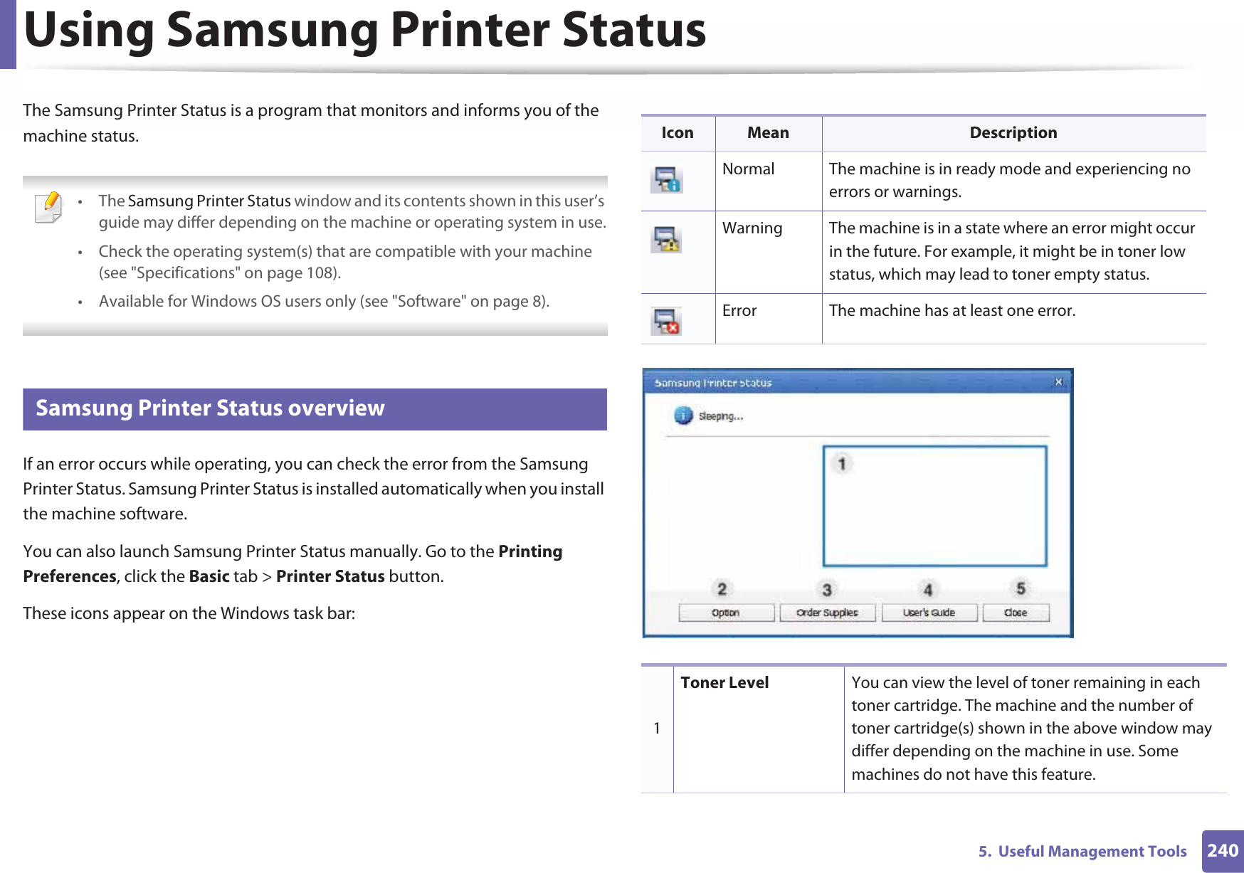 2405.  Useful Management ToolsUsing Samsung Printer Status The Samsung Printer Status is a program that monitors and informs you of the machine status.  • The Samsung Printer Status window and its contents shown in this user’s guide may differ depending on the machine or operating system in use.• Check the operating system(s) that are compatible with your machine (see &quot;Specifications&quot; on page 108).• Available for Windows OS users only (see &quot;Software&quot; on page 8). 7 Samsung Printer Status overviewIf an error occurs while operating, you can check the error from the Samsung Printer Status. Samsung Printer Status is installed automatically when you install the machine software. You can also launch Samsung Printer Status manually. Go to the Printing Preferences, click the Basic tab &gt; Printer Status button.These icons appear on the Windows task bar:Icon Mean DescriptionNormal The machine is in ready mode and experiencing no errors or warnings.Warning The machine is in a state where an error might occur in the future. For example, it might be in toner low status, which may lead to toner empty status. Error The machine has at least one error.1Toner Level You can view the level of toner remaining in each toner cartridge. The machine and the number of toner cartridge(s) shown in the above window may differ depending on the machine in use. Some machines do not have this feature.