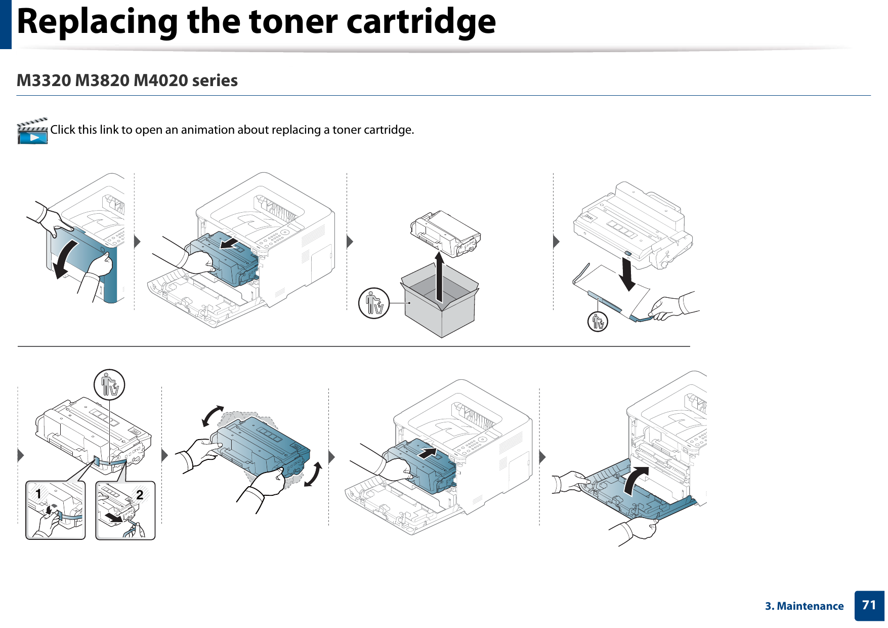 Replacing the toner cartridge713. MaintenanceM3320 M3820 M4020 series Click this link to open an animation about replacing a toner cartridge.21