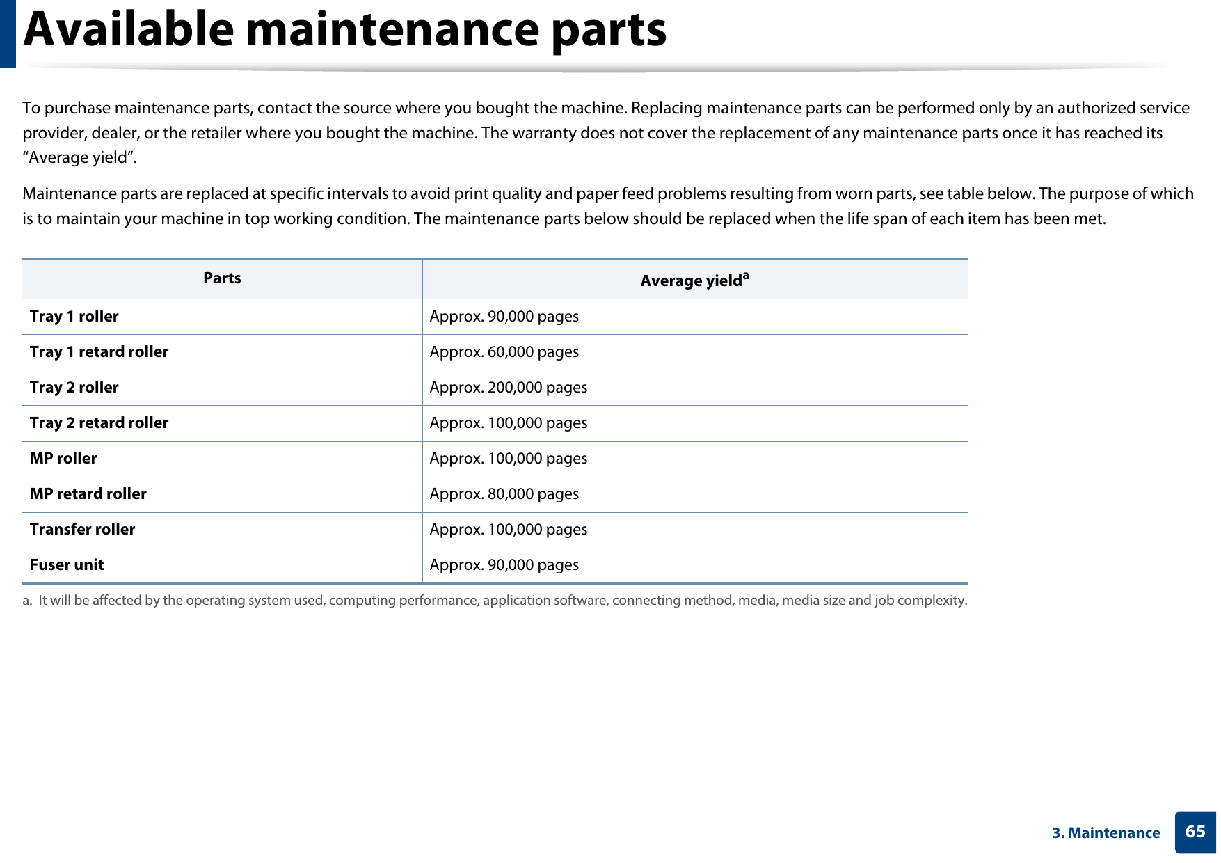 653. MaintenanceAvailable maintenance partsTo purchase maintenance parts, contact the source where you bought the machine. Replacing maintenance parts can be performed only by an authorized service provider, dealer, or the retailer where you bought the machine. The warranty does not cover the replacement of any maintenance parts once it has reached its “Average yield”.Maintenance parts are replaced at specific intervals to avoid print quality and paper feed problems resulting from worn parts, see table below. The purpose of which is to maintain your machine in top working condition. The maintenance parts below should be replaced when the life span of each item has been met.Parts Average yieldaa. It will be affected by the operating system used, computing performance, application software, connecting method, media, media size and job complexity.Tray 1 roller Approx. 90,000 pagesTray 1 retard roller Approx. 60,000 pagesTray 2 roller Approx. 200,000 pagesTray 2 retard roller Approx. 100,000 pagesMP roller Approx. 100,000 pagesMP retard roller Approx. 80,000 pagesTransfer roller Approx. 100,000 pagesFuser unit Approx. 90,000 pages