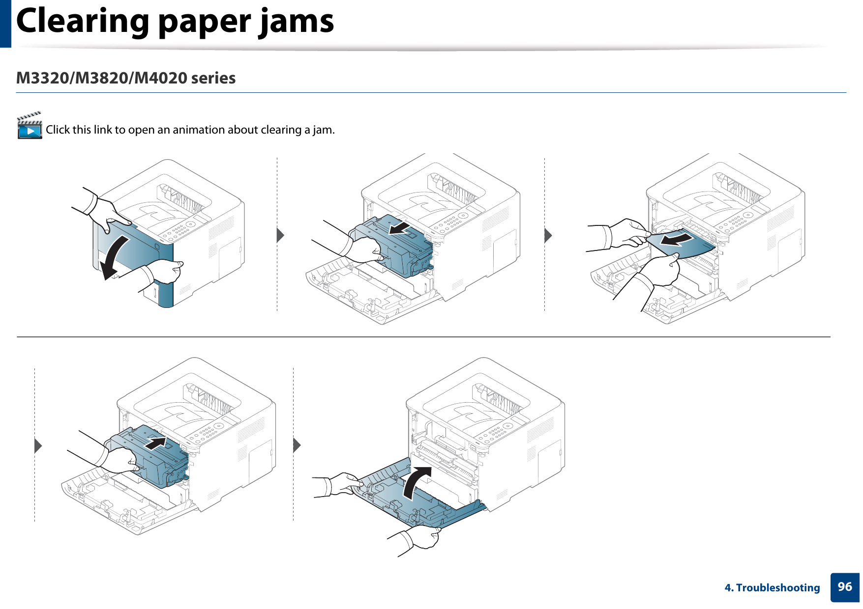 Clearing paper jams964. TroubleshootingM3320/M3820/M4020 series Click this link to open an animation about clearing a jam.