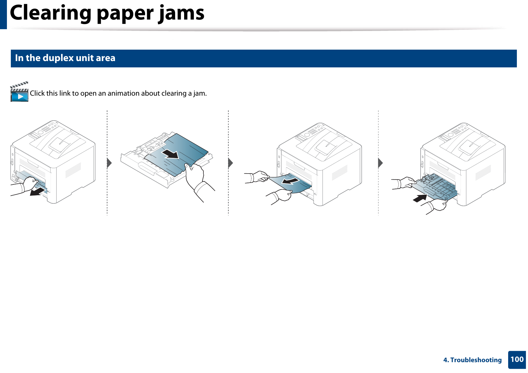 Clearing paper jams1004. Troubleshooting6 In the duplex unit area Click this link to open an animation about clearing a jam.