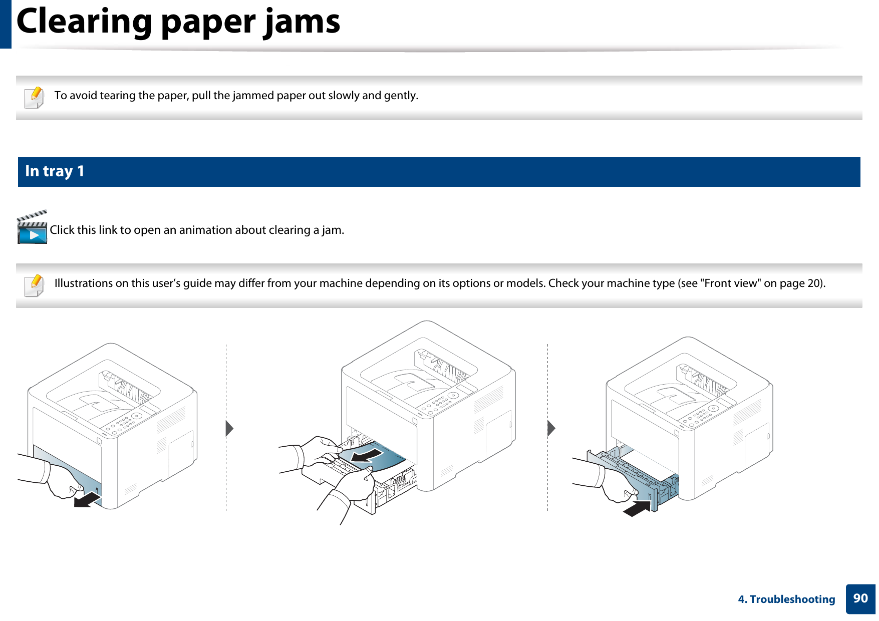 904. TroubleshootingClearing paper jams To avoid tearing the paper, pull the jammed paper out slowly and gently.  1 In tray 1 Click this link to open an animation about clearing a jam. Illustrations on this user’s guide may differ from your machine depending on its options or models. Check your machine type (see &quot;Front view&quot; on page 20). 