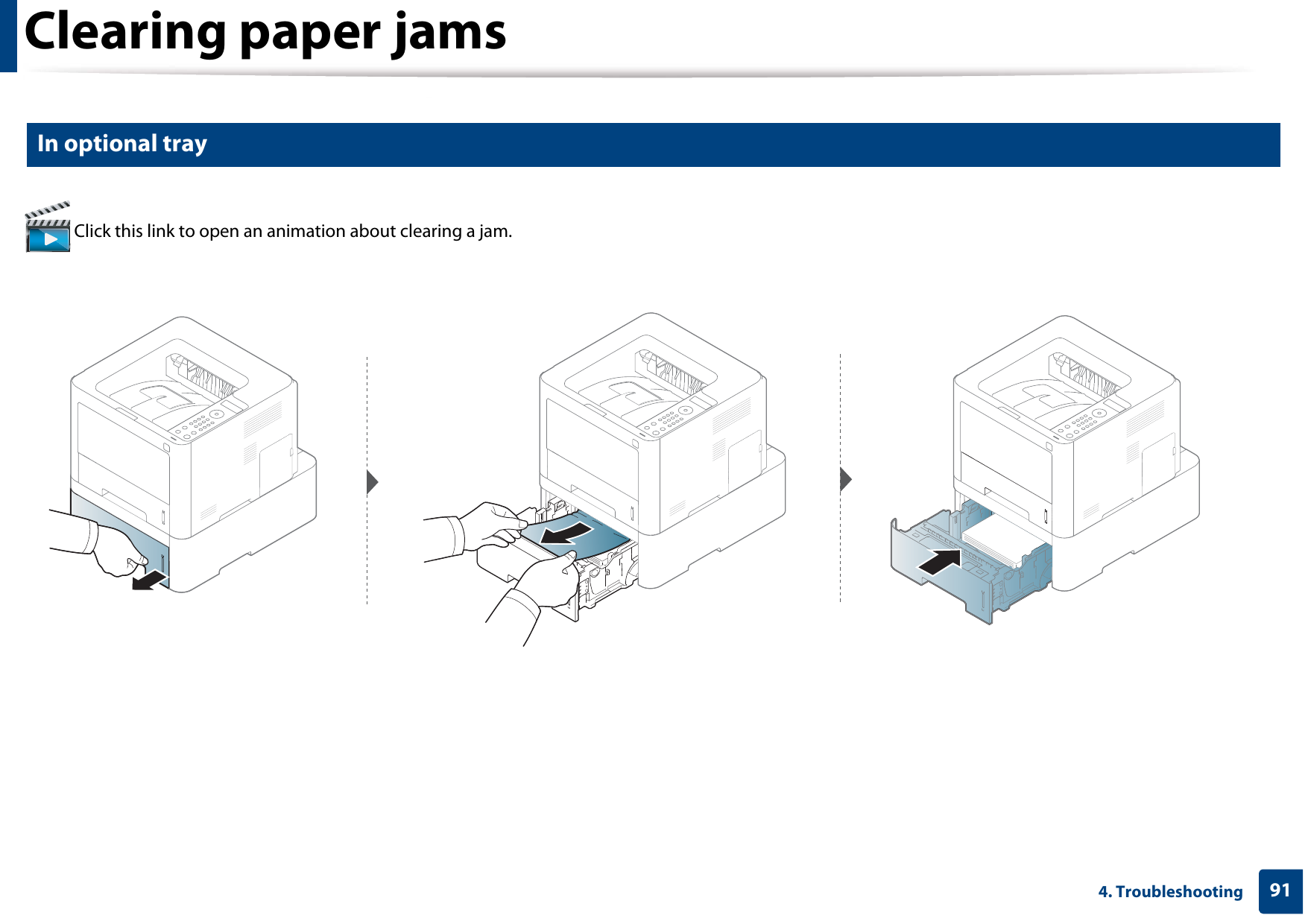 Clearing paper jams914. Troubleshooting2 In optional tray Click this link to open an animation about clearing a jam.