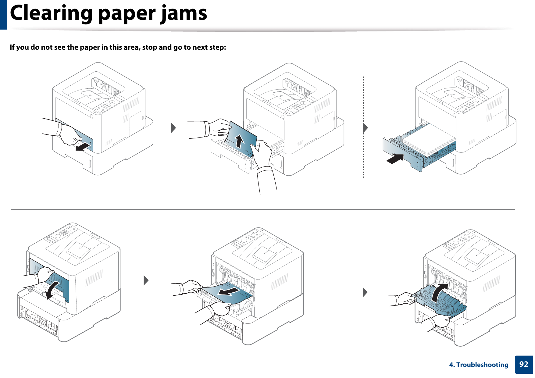 Clearing paper jams924. TroubleshootingIf you do not see the paper in this area, stop and go to next step:
