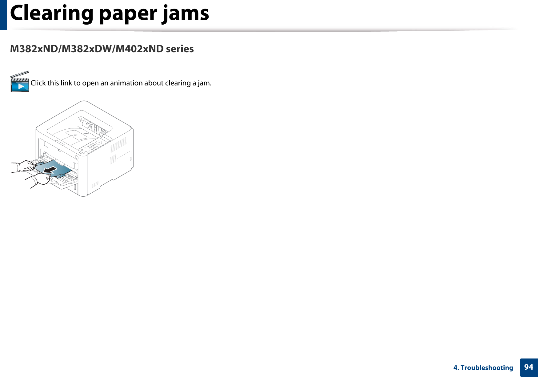 Clearing paper jams944. TroubleshootingM382xND/M382xDW/M402xND series Click this link to open an animation about clearing a jam.