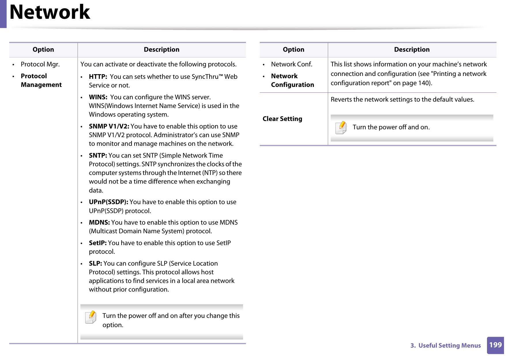 Network1993.  Useful Setting Menus• Protocol Mgr.•Protocol ManagementYou can activate or deactivate the following protocols.•HTTP:  You can sets whether to use SyncThru™ Web Service or not.•WINS:  You can configure the WINS server. WINS(Windows Internet Name Service) is used in the Windows operating system.•SNMP V1/V2: You have to enable this option to use SNMP V1/V2 protocol. Administrator’s can use SNMP to monitor and manage machines on the network.•SNTP: You can set SNTP (Simple Network Time Protocol) settings. SNTP synchronizes the clocks of the computer systems through the Internet (NTP) so there would not be a time difference when exchanging data.•UPnP(SSDP): You have to enable this option to use UPnP(SSDP) protocol.•MDNS: You have to enable this option to use MDNS (Multicast Domain Name System) protocol.•SetIP: You have to enable this option to use SetIP protocol.•SLP: You can configure SLP (Service Location Protocol) settings. This protocol allows host applications to find services in a local area network without prior configuration. Turn the power off and on after you change this option. Option Description•Network Conf.•Network ConfigurationThis list shows information on your machine’s network connection and configuration (see &quot;Printing a network configuration report&quot; on page 140).Clear SettingReverts the network settings to the default values. Turn the power off and on. Option Description